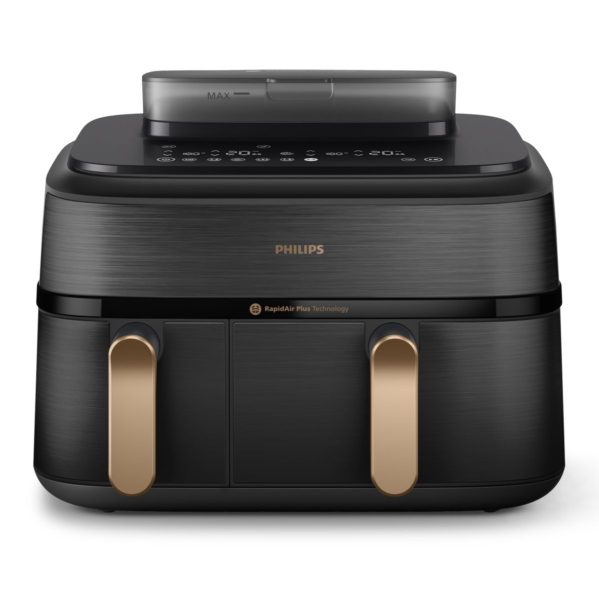 Czarna frytownica powietrzna Philips ze złotymi uchwytami. Posiada cyfrowy wyświetlacz i przezroczysty wierzch.