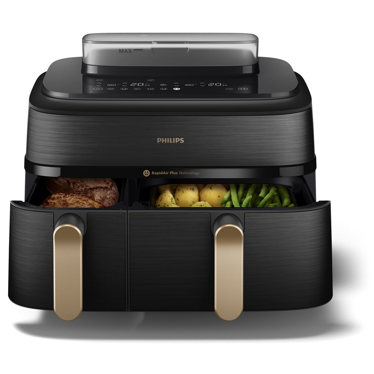 Czarna frytkownica powietrzna Philips z dwoma komorami. Jedna ma mięso, druga ziemniaki i zieloną fasolkę. Złote uchwyty, przezroczysta góra i elementy sterujące.