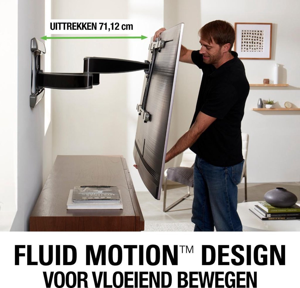 A man holds a TV, demonstrating the Fluid Motion design of a wall mount. The mount extends 71.12 cm. Text says 'Fluid Motion Design'.