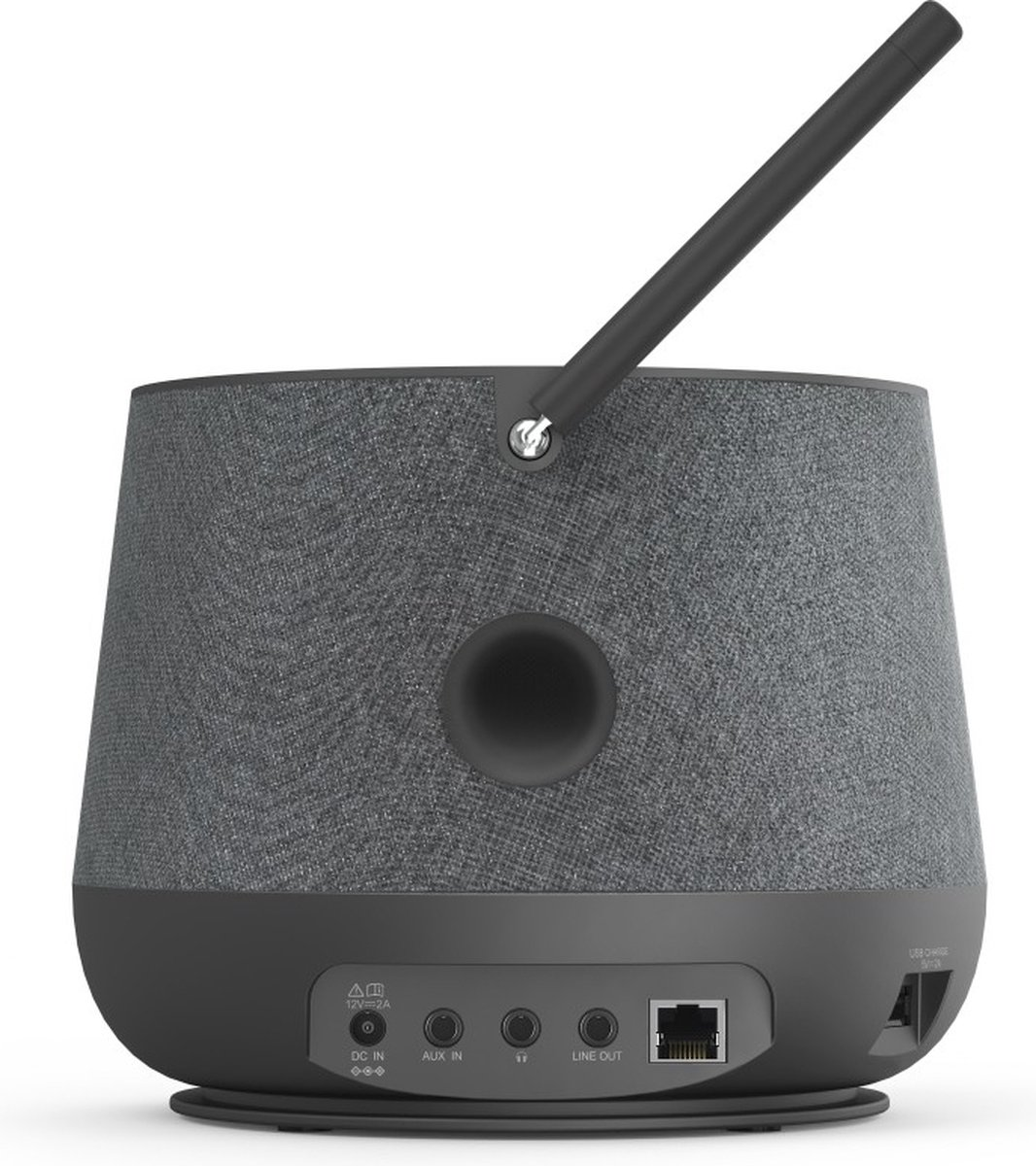 Szary głośnik z uchwytem i portami. Ma okrągły kształt i ciemną podstawę. Czarna antena wystaje do góry.