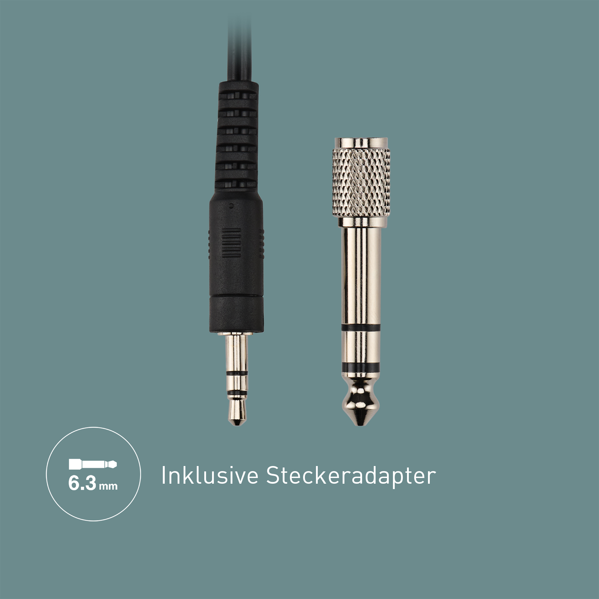 Obraz przedstawia gniazdo audio 6,3 mm i adapter. Tekst wskazuje 'W zestawie adapter'. Tło jest turkusowe.