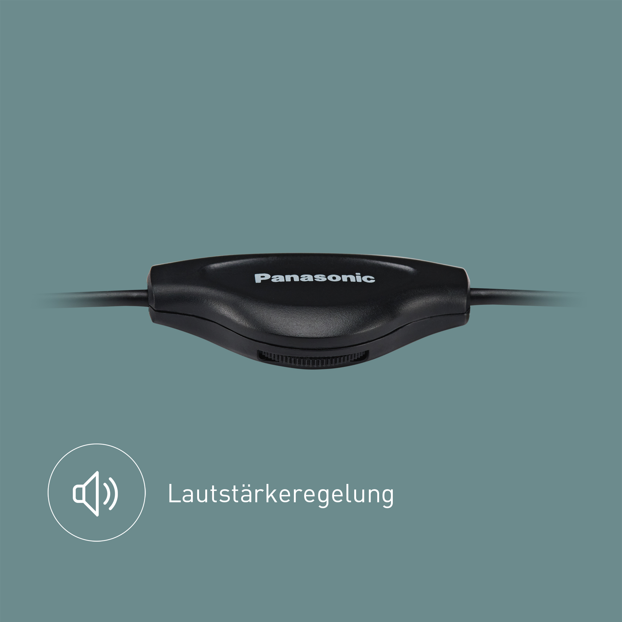 Czarny kontroler audio Panasonic na turkusowym tle. Posiada regulację głośności i podłączone przewody. Tekst mówi 'Lautstärkeregelung'.