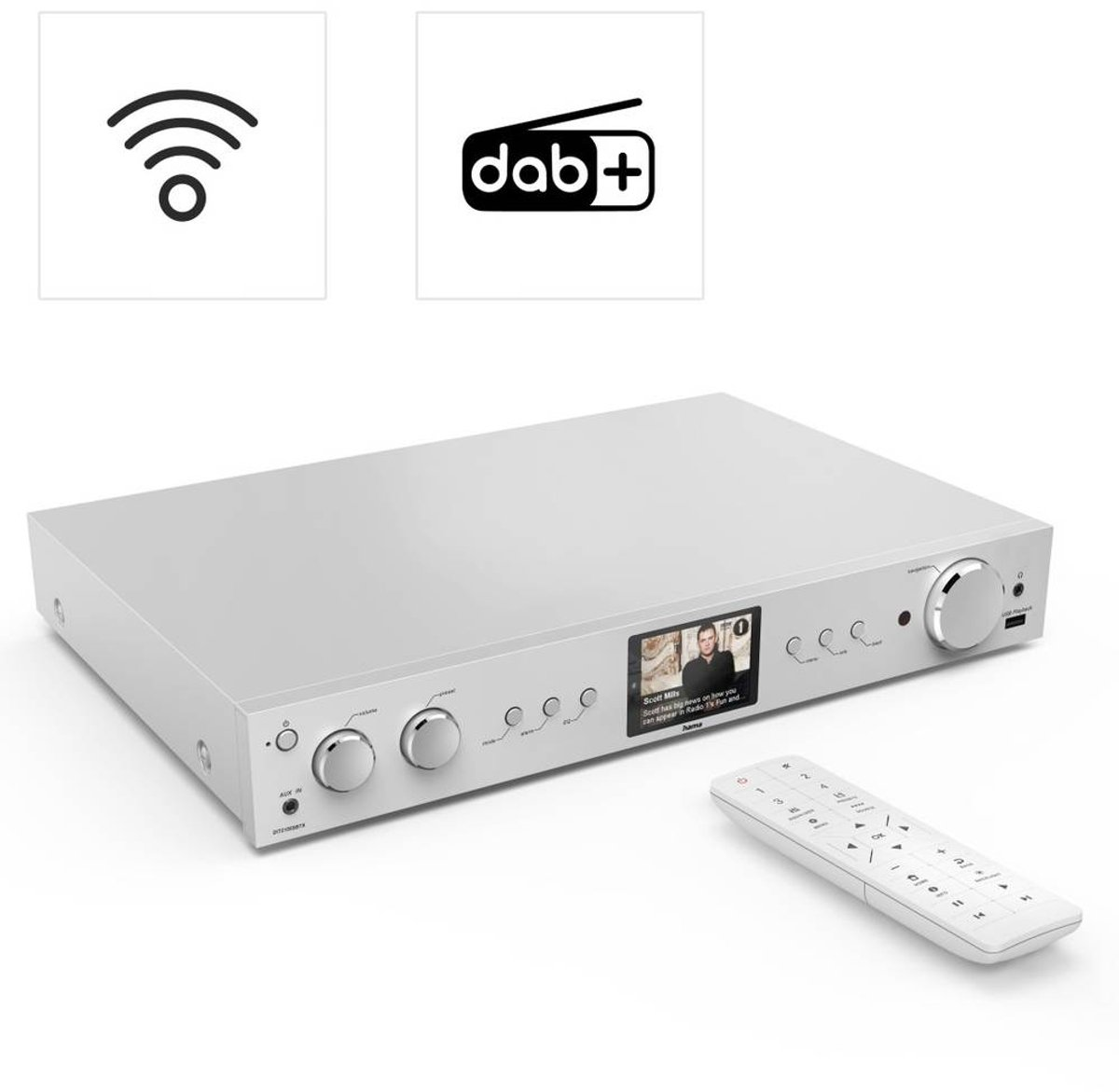 Biały odbiornik stereo z ekranem i pilotem. Ikony Wi-Fi i DAB+ w lewym górnym rogu. Ekran wyświetla mężczyznę.