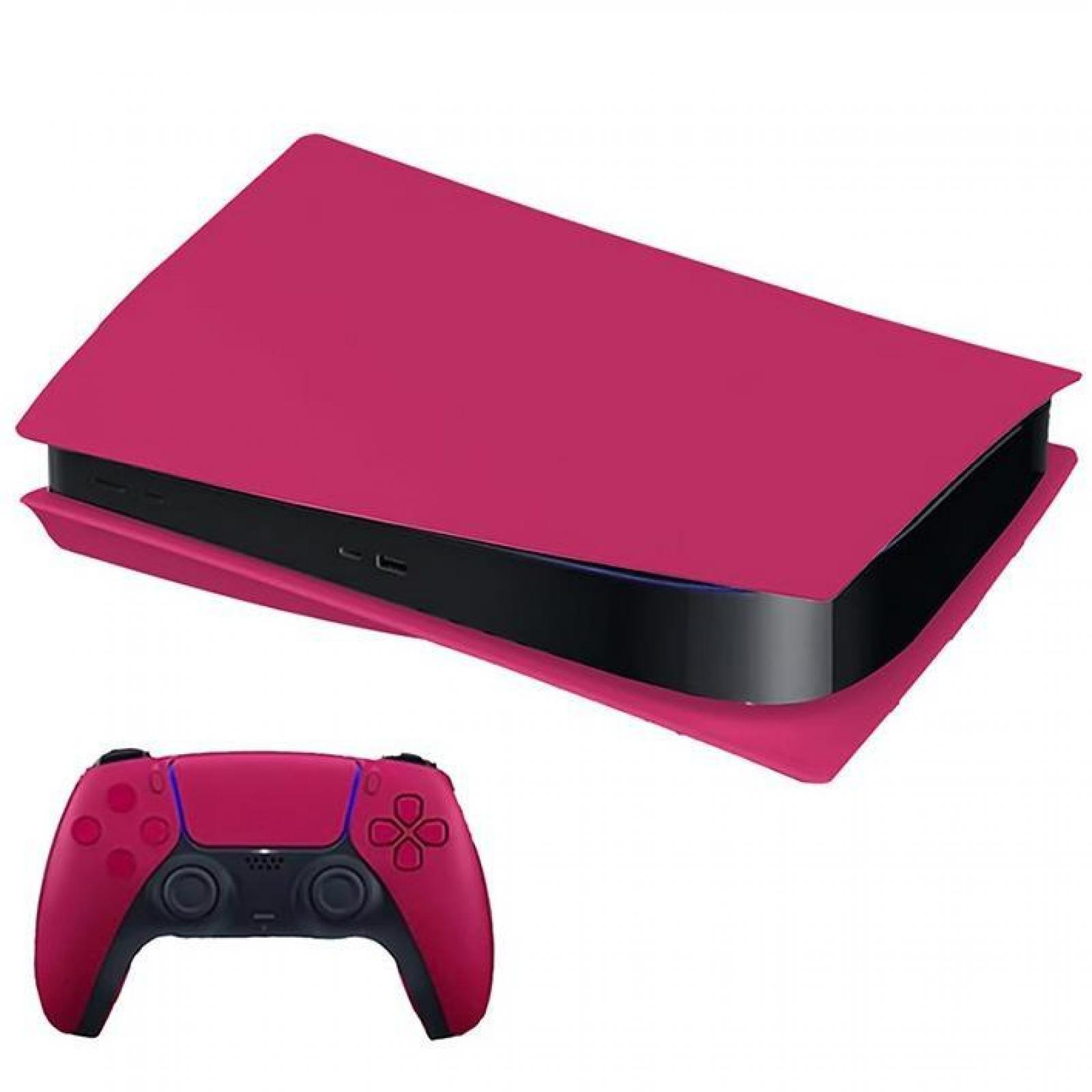 Eine magenta PS5-Konsole und ein Controller werden angezeigt. Die Konsole hat eine schwarze Mitte. Der Controller ist darunter.