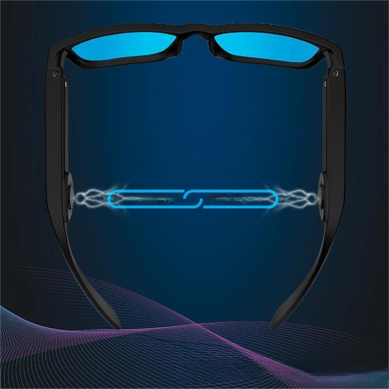 Schwarze Smart-Brille mit blauen Gläsern, einem blauen Link und einem dunkelblauen Hintergrund mit lila Linien.