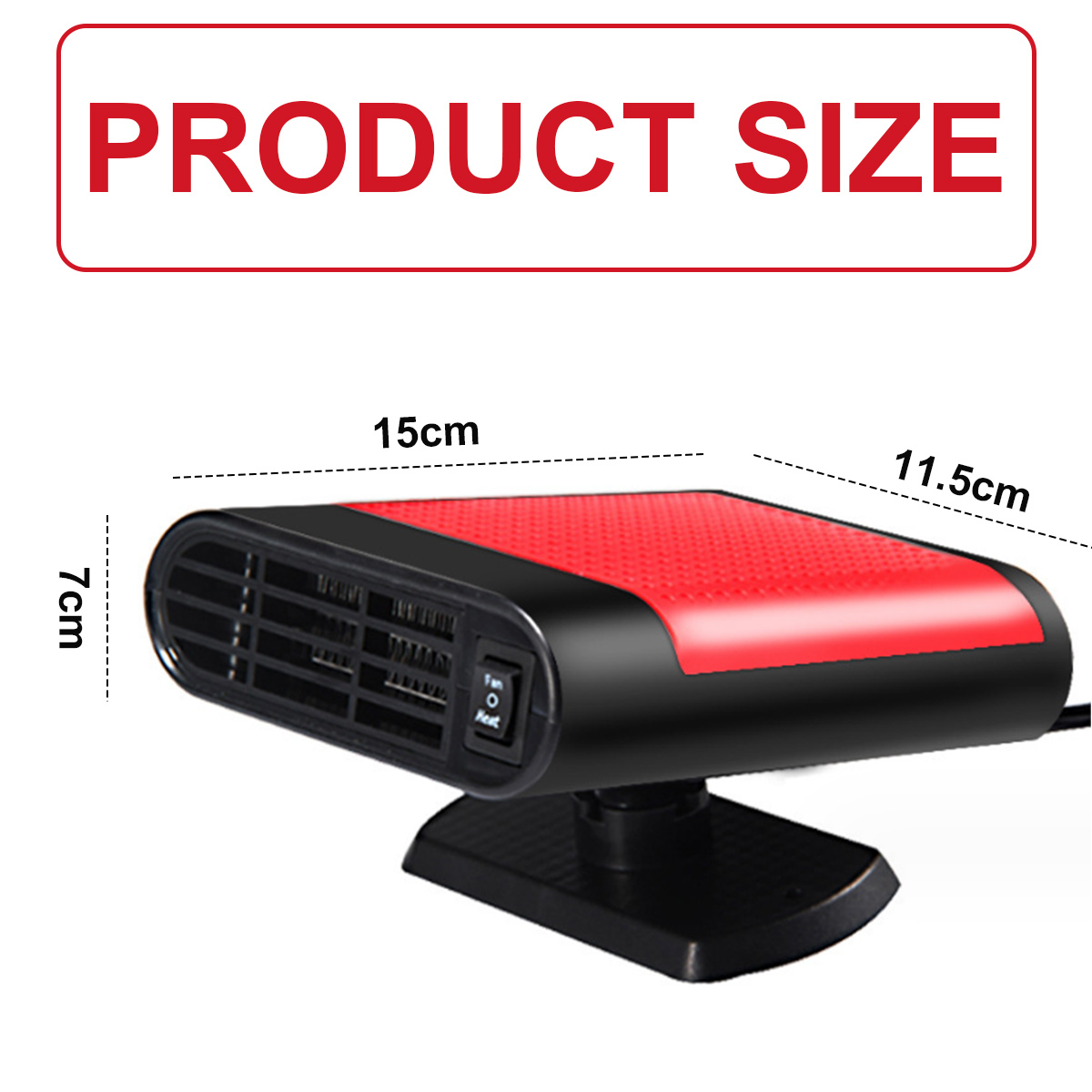 Ein rot-schwarzer Autoheizer mit Maßangaben. Oben steht 'PRODUCT SIZE'. Der Heizer hat einen Schalter und einen Ständer.