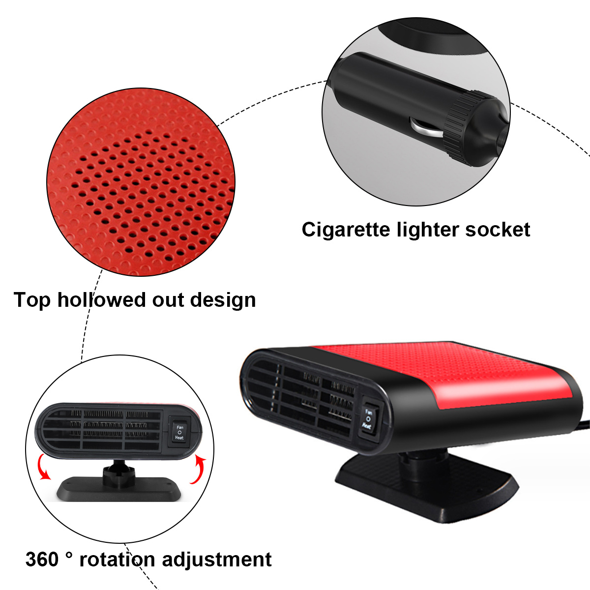 Eine Autoheizung mit roter Oberseite und schwarzer Basis. Enthält Zigarettenanzünder, oberes ausgehöhltes Design und 360°-Dreheinstellung.