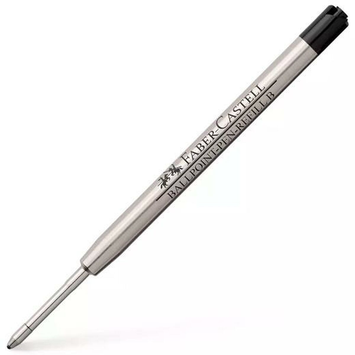 Eine Faber-Castell Kugelschreibermine. Sie ist silberfarben mit schwarzer Spitze. Auf der Mine steht: Faber-Castell, Ballpoint-Pen-Refill B.