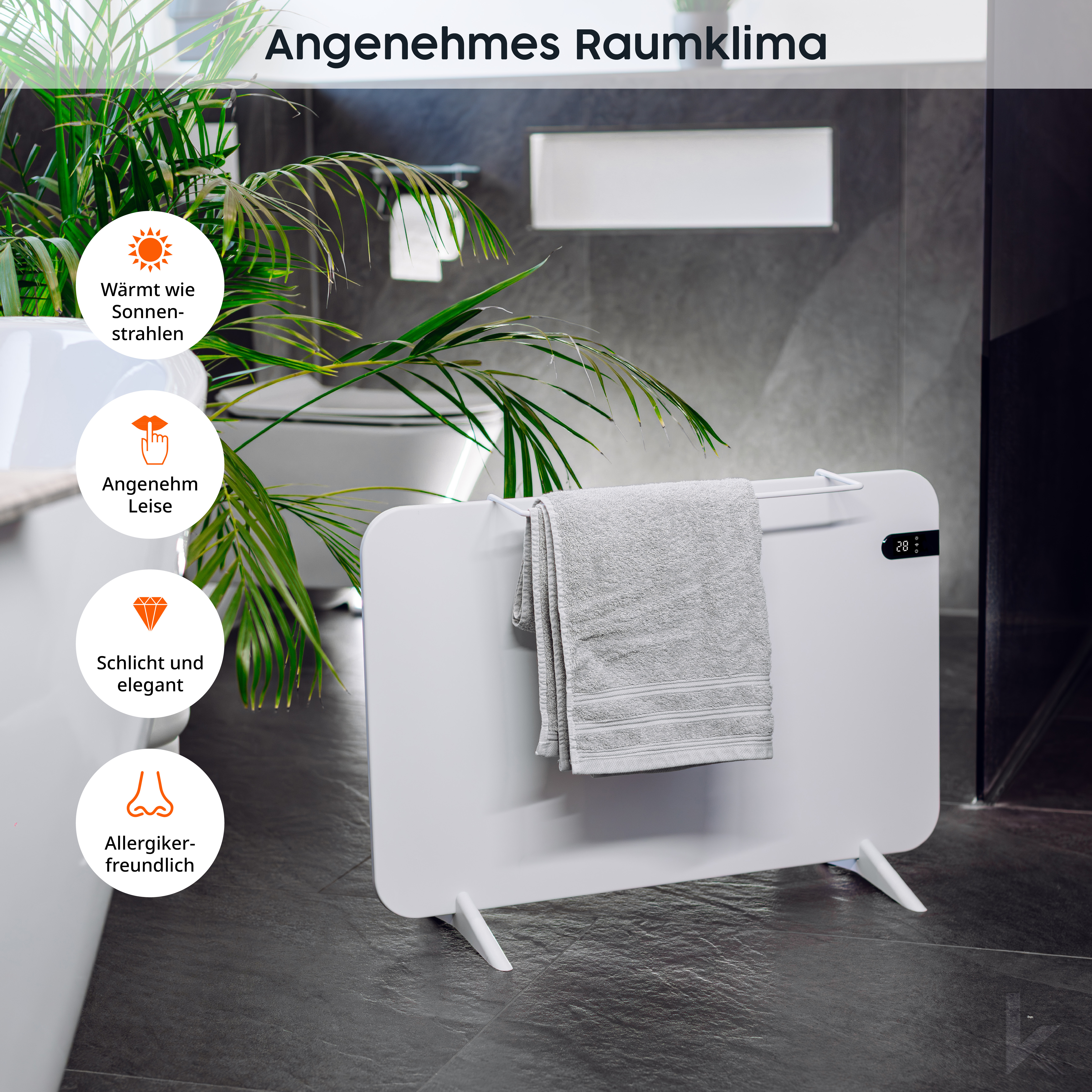 Ein weißer Handtuchwärmer mit Handtuch in modernem Badezimmer, mit Textetiketten.