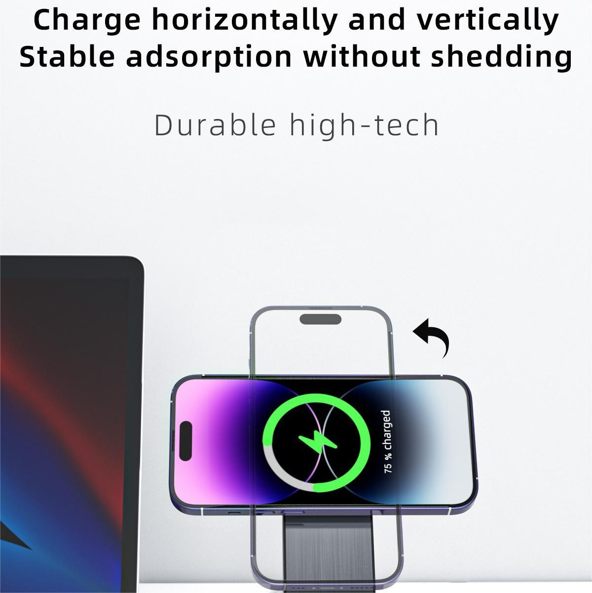 Ein Telefon, das kabellos geladen wird. Der Bildschirm zeigt ein Ladesymbol an. Der Text oben lautet: Horizontal und vertikal laden, langlebige High-Tech.