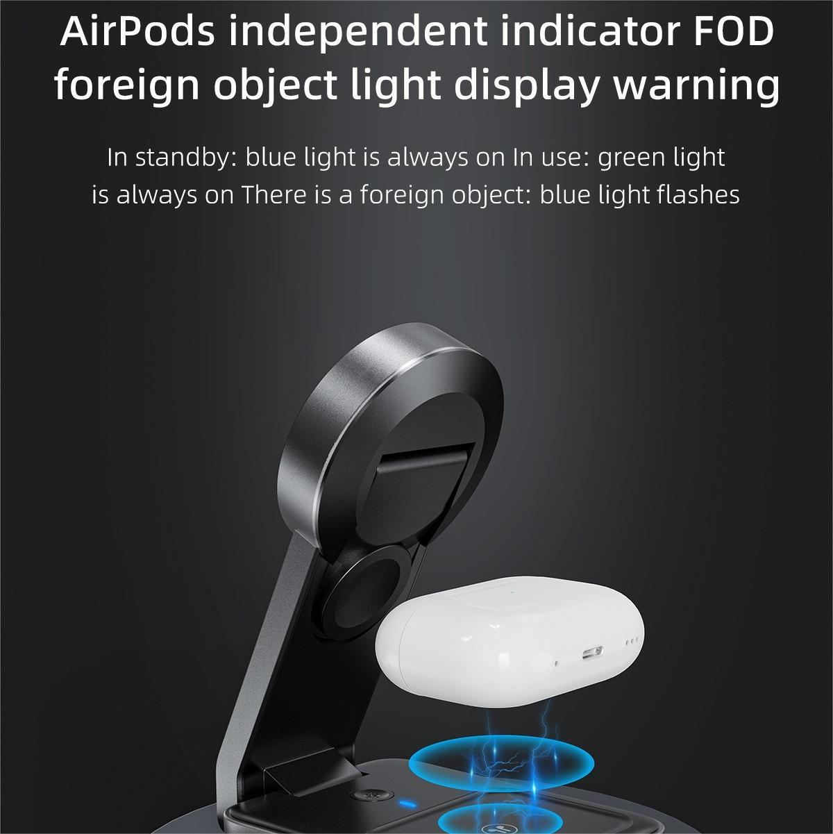 Ein weißes AirPods-Case liegt auf einer Ladestation. Der Ständer ist schwarz und grau. Blaues Licht zeigt den Ladestatus an.