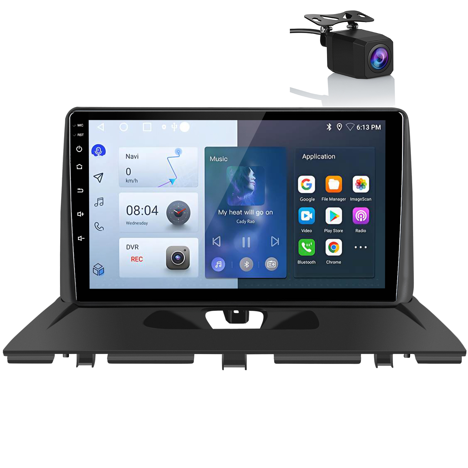 Ein Auto-Multimedia-System mit Bildschirm, der Navigation, Musik und Anwendungen anzeigt. Oben befindet sich eine kleine Kamera. Das System ist schwarz.