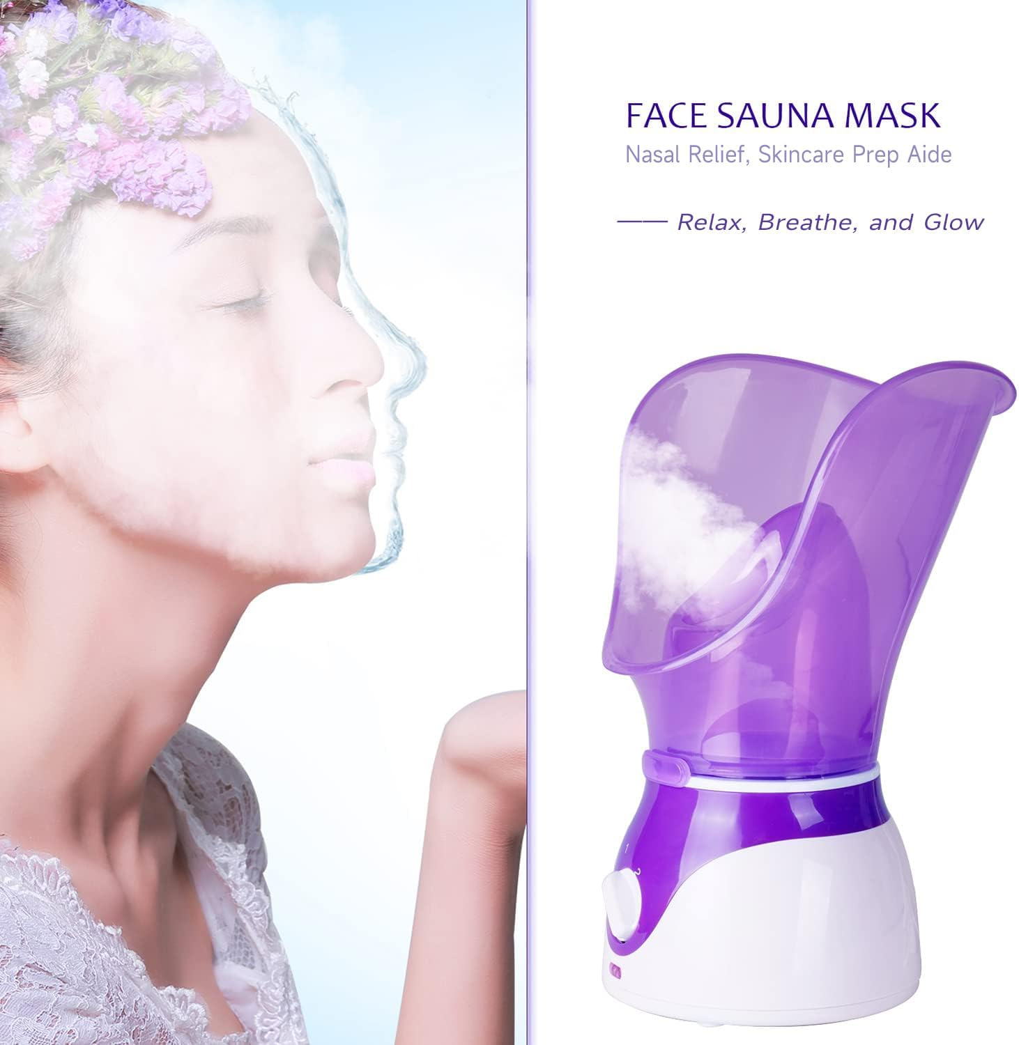 Das Bild zeigt eine Frau und eine Gesichtssaunamaske. Die Maske ist lila und weiß und gibt Dampf ab. Der Text lautet 'Face Sauna Mask'.