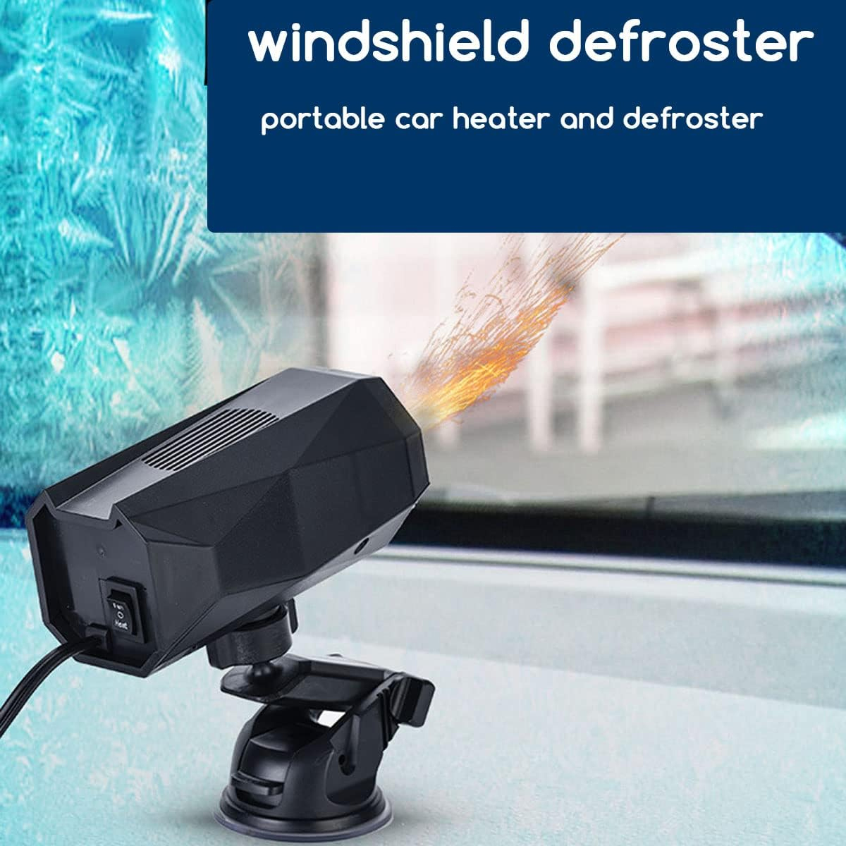 Schwarzer Auto-Enteiser mit orangenen Funken, an einem Fenster befestigt. Text oben: 'Windschutzscheiben-Enteiser' und 'tragbare Autoheizung'.