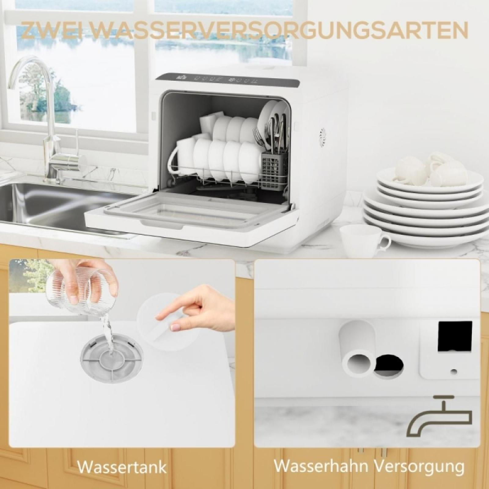 Ein weißer Geschirrspüler mit offener Tür, der Geschirr zeigt. Abschnitte zeigen Wassertank und Wasseranschluss.