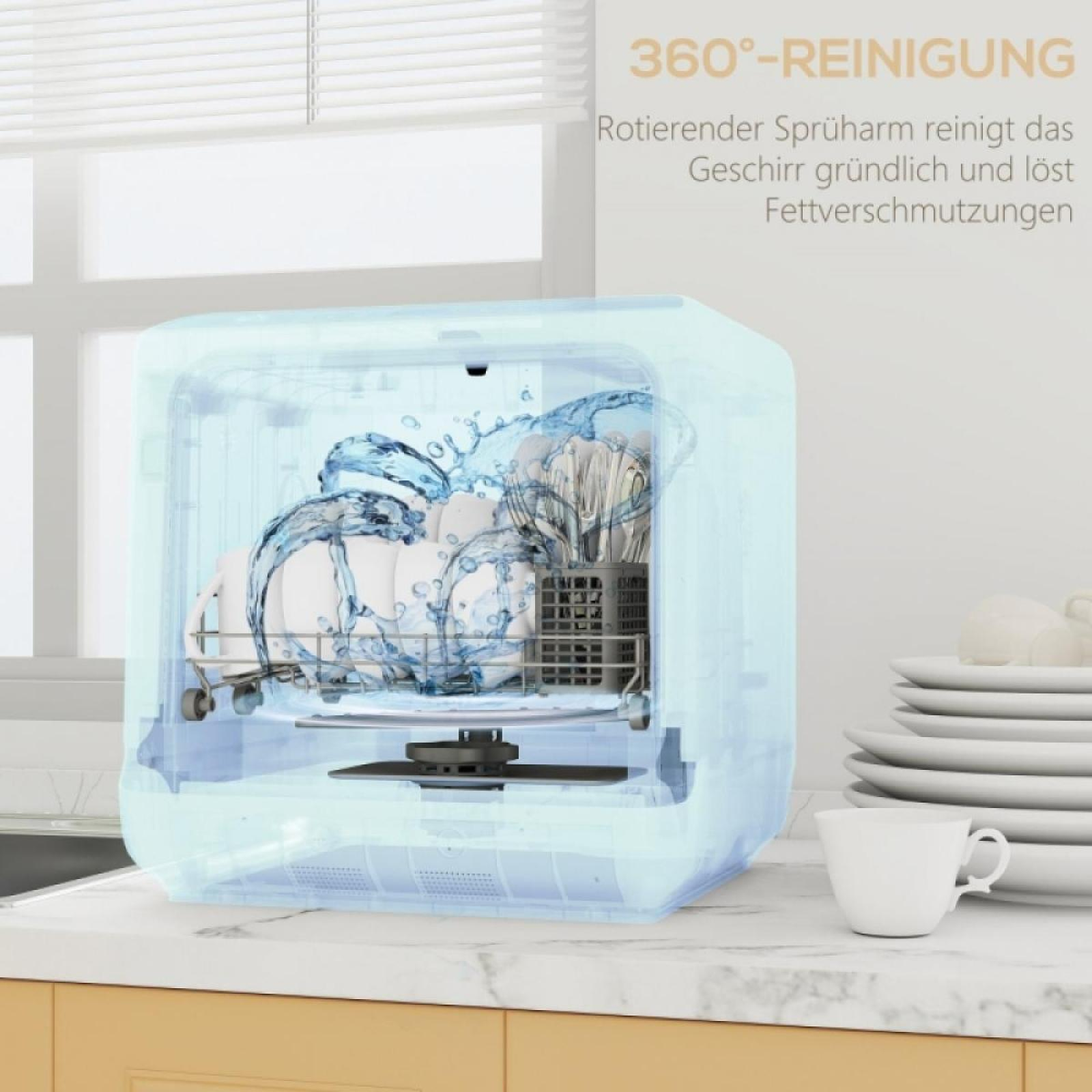 Geschirrspüler mit Geschirr, Wasser spritzt. Weiße Teller, eine Tasse und Text im Hintergrund.