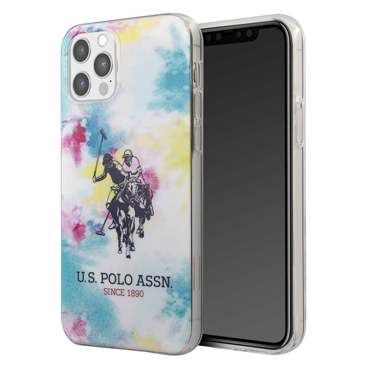 Custodia per telefono con giocatori di polo, sfondo colorato. Logo U.S. POLO ASSN. e telefono visibili.