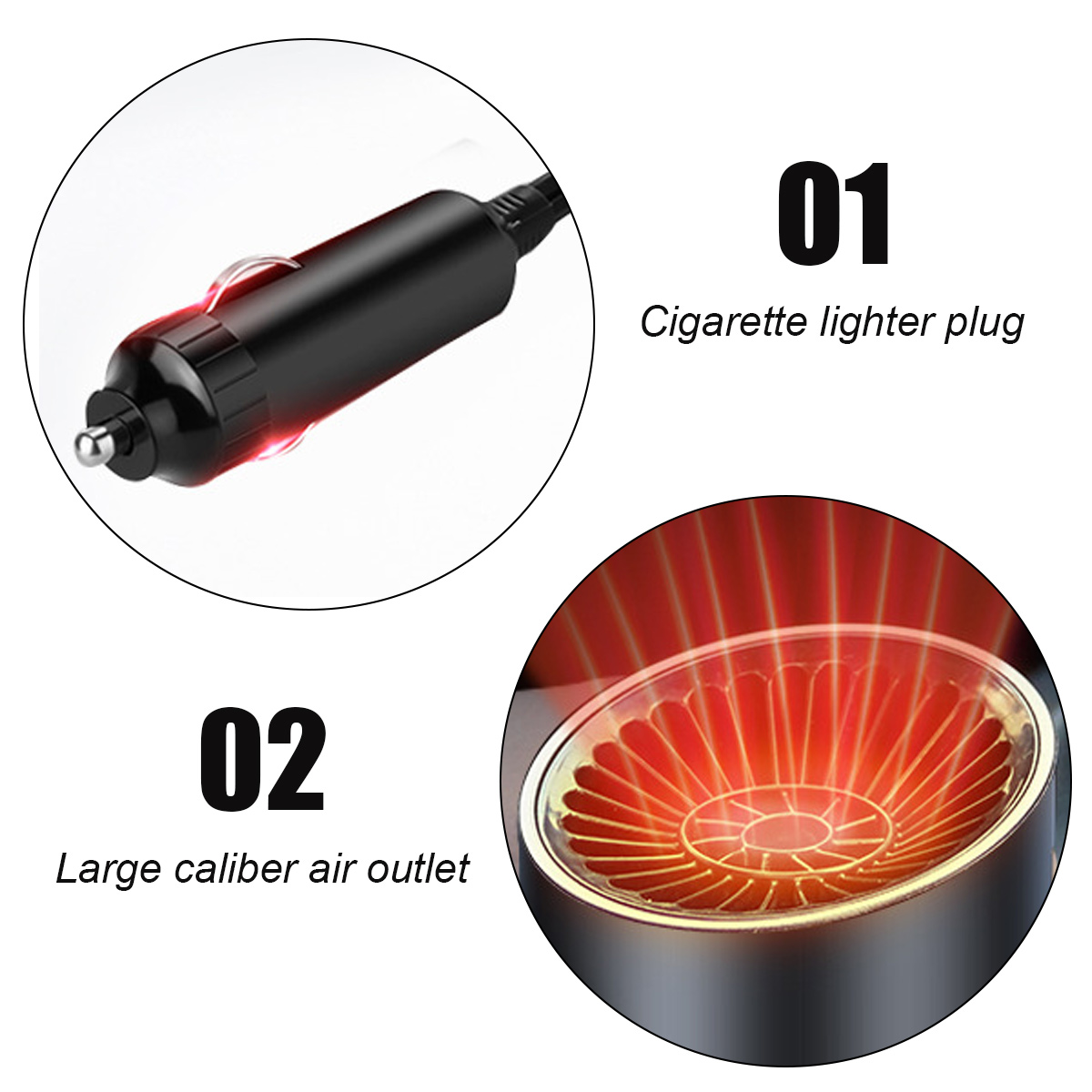 Das Bild zeigt einen Zigarettenanzünderstecker und einen Luftauslass großen Kalibers mit rot leuchtenden Elementen. Etiketten weisen auf ihre Funktionen hin.