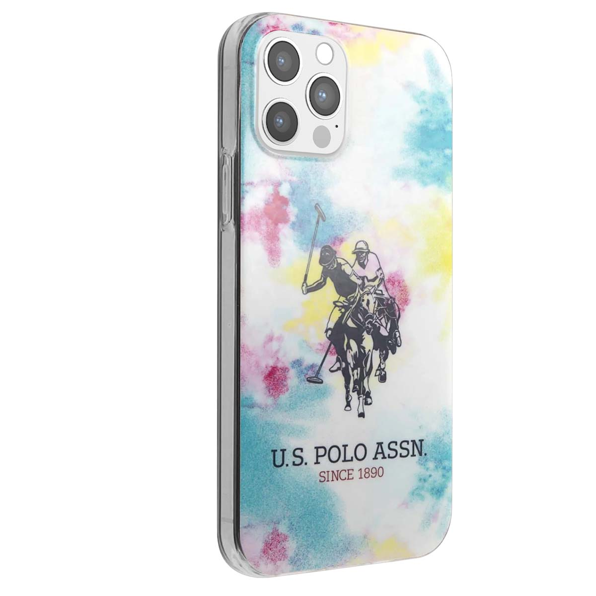 Custodia per telefono con giocatori di polo su sfondo colorato. Testo: U.S. Polo Assn. Dal 1890.