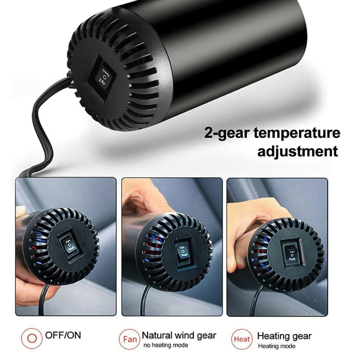 Schwarze Autoheizung mit Temperatureinstellungen. Enthält Lüfter-, Ein/Aus- und Heizmodi. Die Bilder zeigen verschiedene Modi und Schalter.