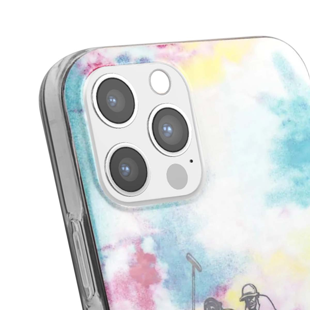 Primo piano di una custodia per telefono. La custodia ha un design astratto e colorato e un bordo trasparente. Le lenti della fotocamera del telefono sono visibili.