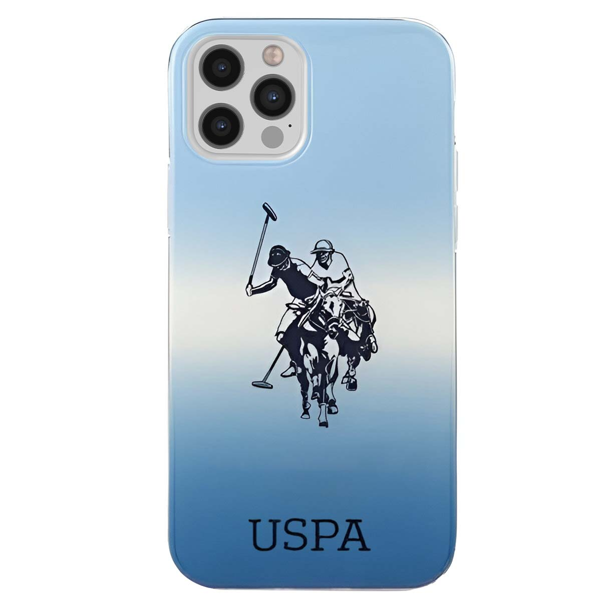 Custodia per telefono con giocatori di polo a cavallo. Sfondo azzurro con logo USPA in basso. La custodia è per iPhone.