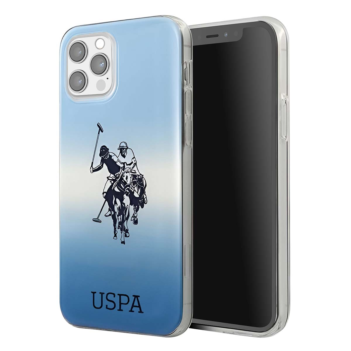 Custodia per telefono con giocatori di polo a cavallo in bianco e nero, su gradiente blu, con logo USPA.