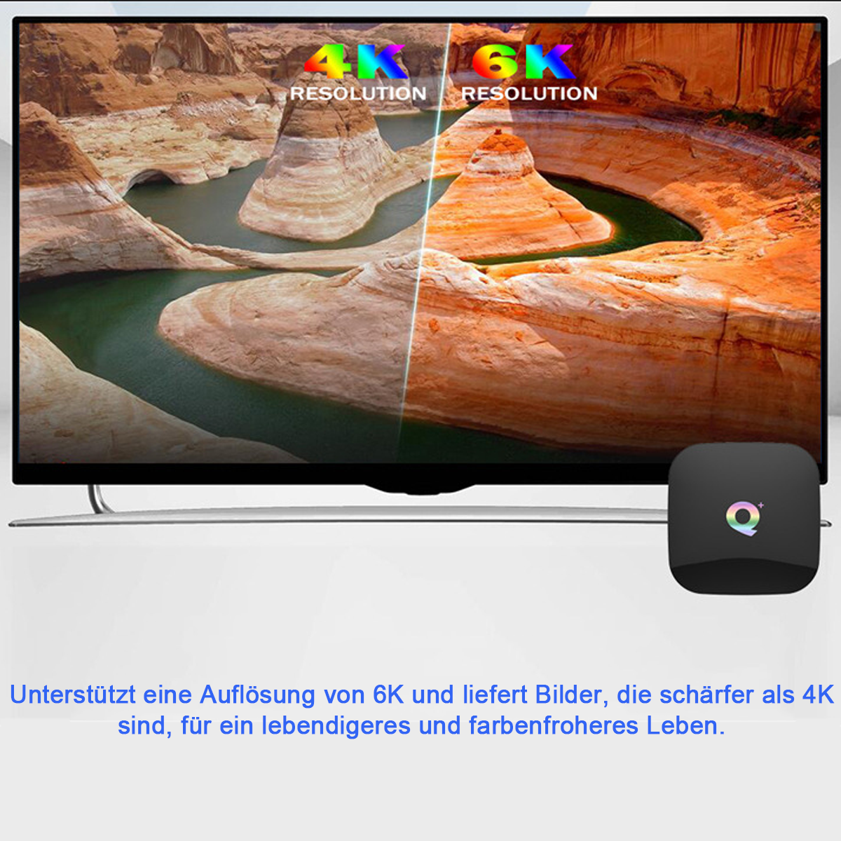 Ein Fernseher zeigt eine Schluchtenlandschaft, geteilter Bildschirm mit 4K- und 6K-Auflösung. Eine schwarze Box darunter.