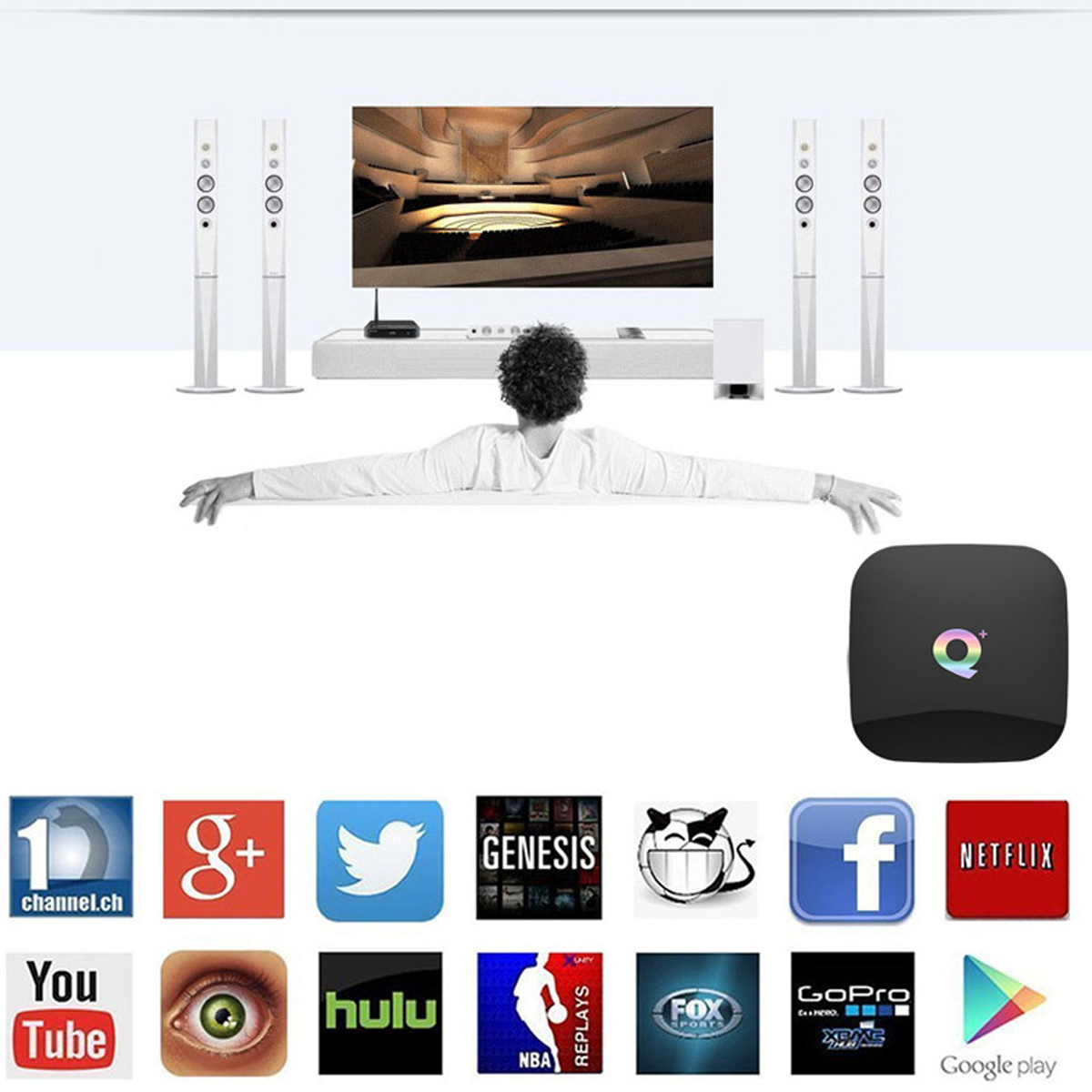 Eine Person schaut fern, mit Lautsprechern auf beiden Seiten. Unten sind App-Symbole wie Netflix, YouTube und Facebook.