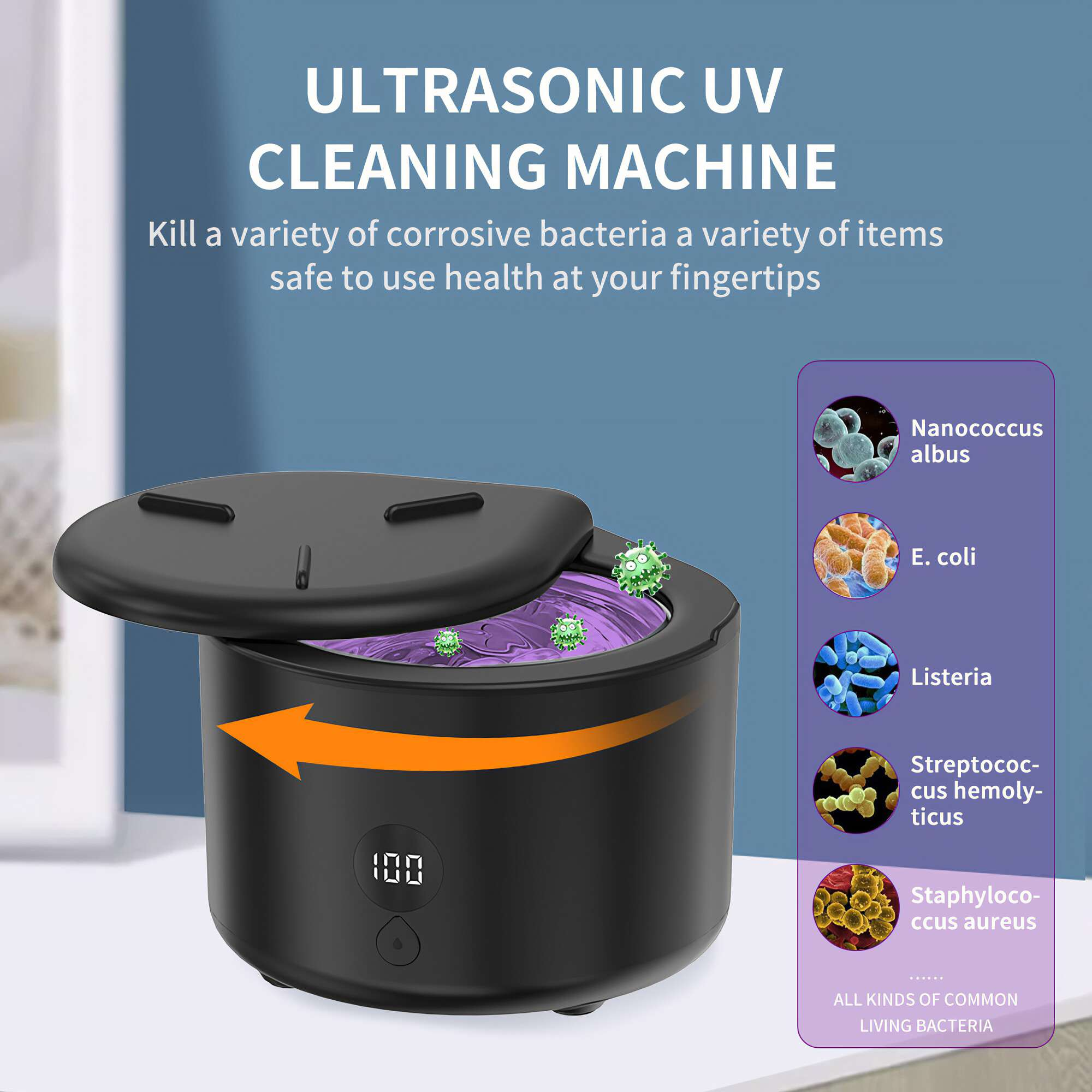 Schwarzes Ultraschall-UV-Reinigungsgerät mit offenem Deckel. Es zeigt das Innere mit grünen Bakterien und einer Digitalanzeige.
