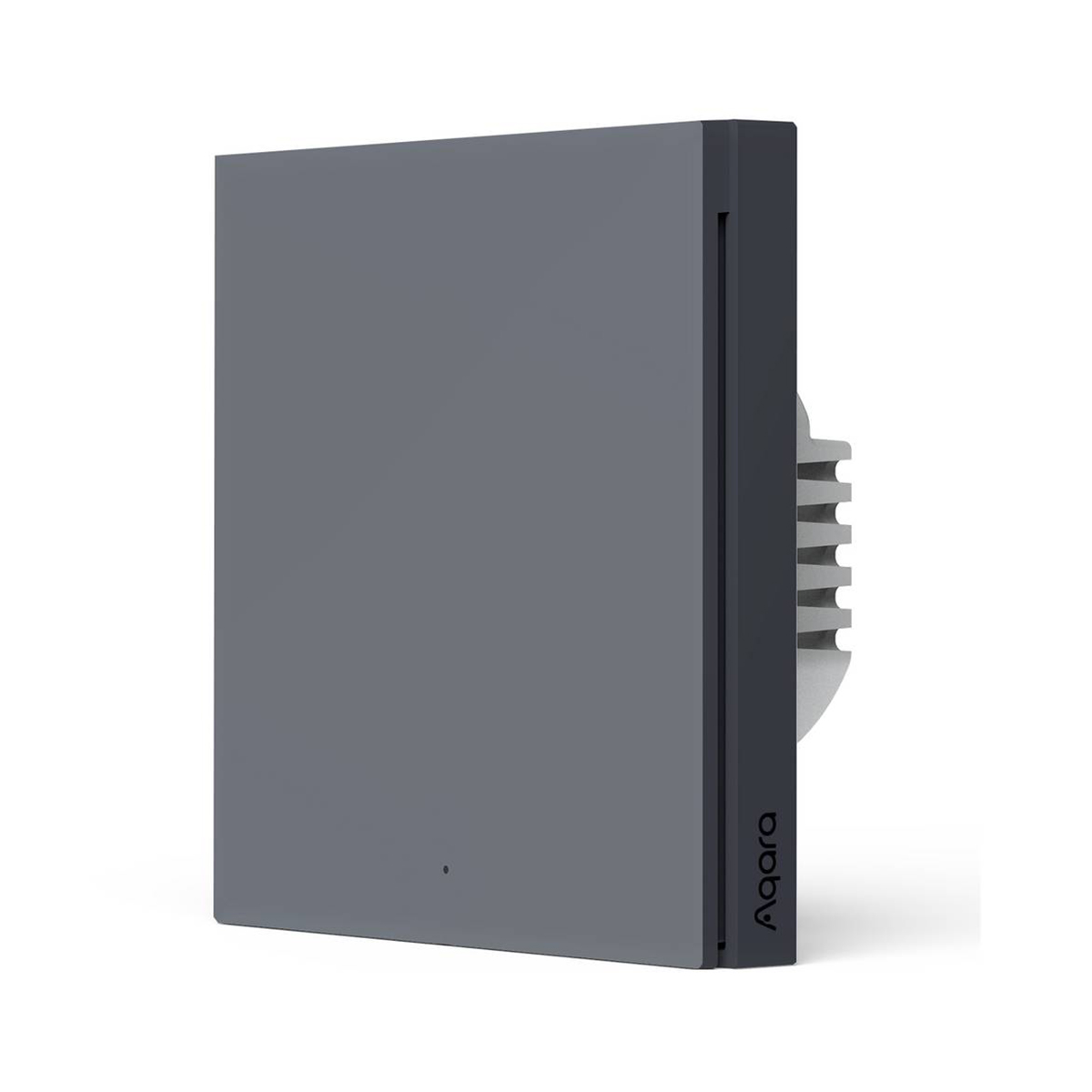 Un interruttore intelligente Aqara grigio. Il dispositivo è rettangolare, con una parte anteriore grigio scuro e un lato argentato con il logo del marchio.