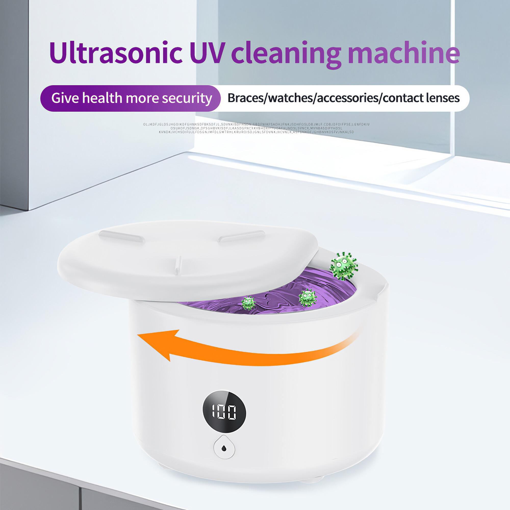 Eine weiße Ultraschall-UV-Reinigungsmaschine mit offenem Deckel, orangefarbenem Pfeil und Digitalanzeige.