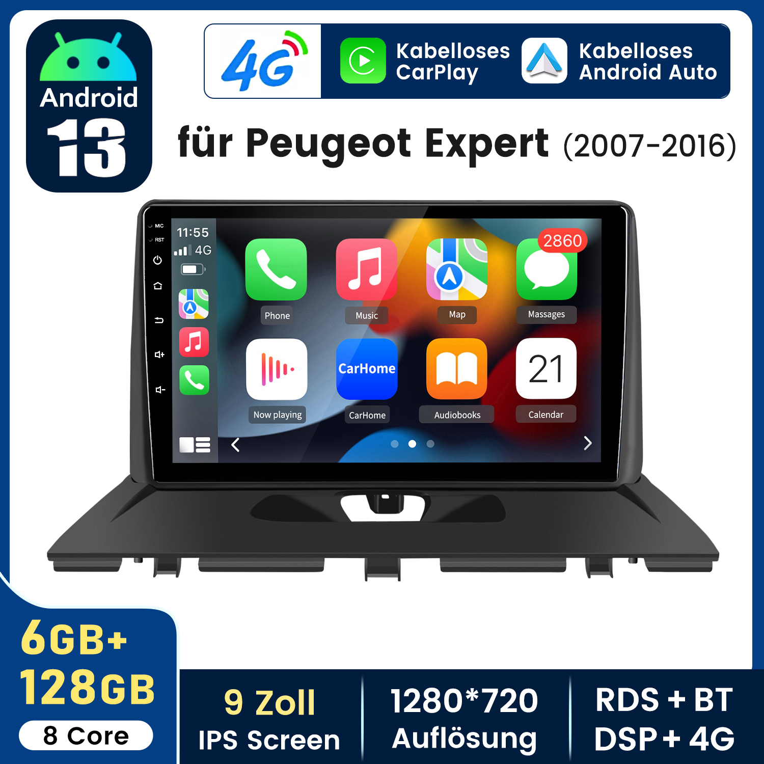 Ein Autoradio-Display zeigt Apps: Telefon, Musik, Karten, Nachrichten und Kalender. Es hat Android 13, 4G und CarPlay-Funktionen.