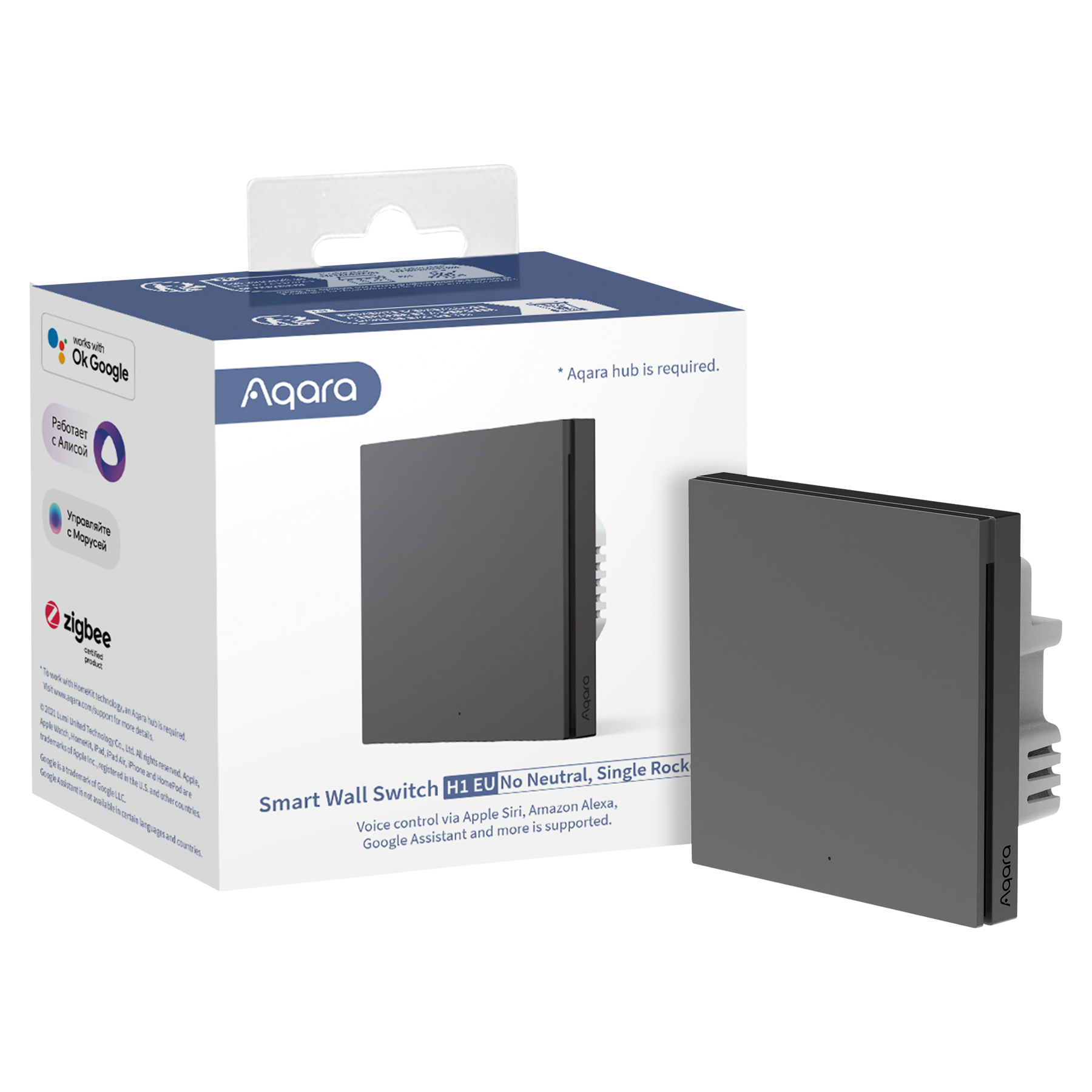 Un interruttore a muro intelligente Aqara grigio con scatola, con loghi e testo, che indica la compatibilità con vari assistenti vocali.