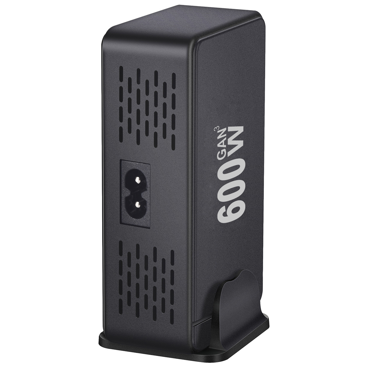 Ein schwarzes Netzteil mit Steckdose und dem Text '600W GAN3' an der Seite, aufrecht stehend.