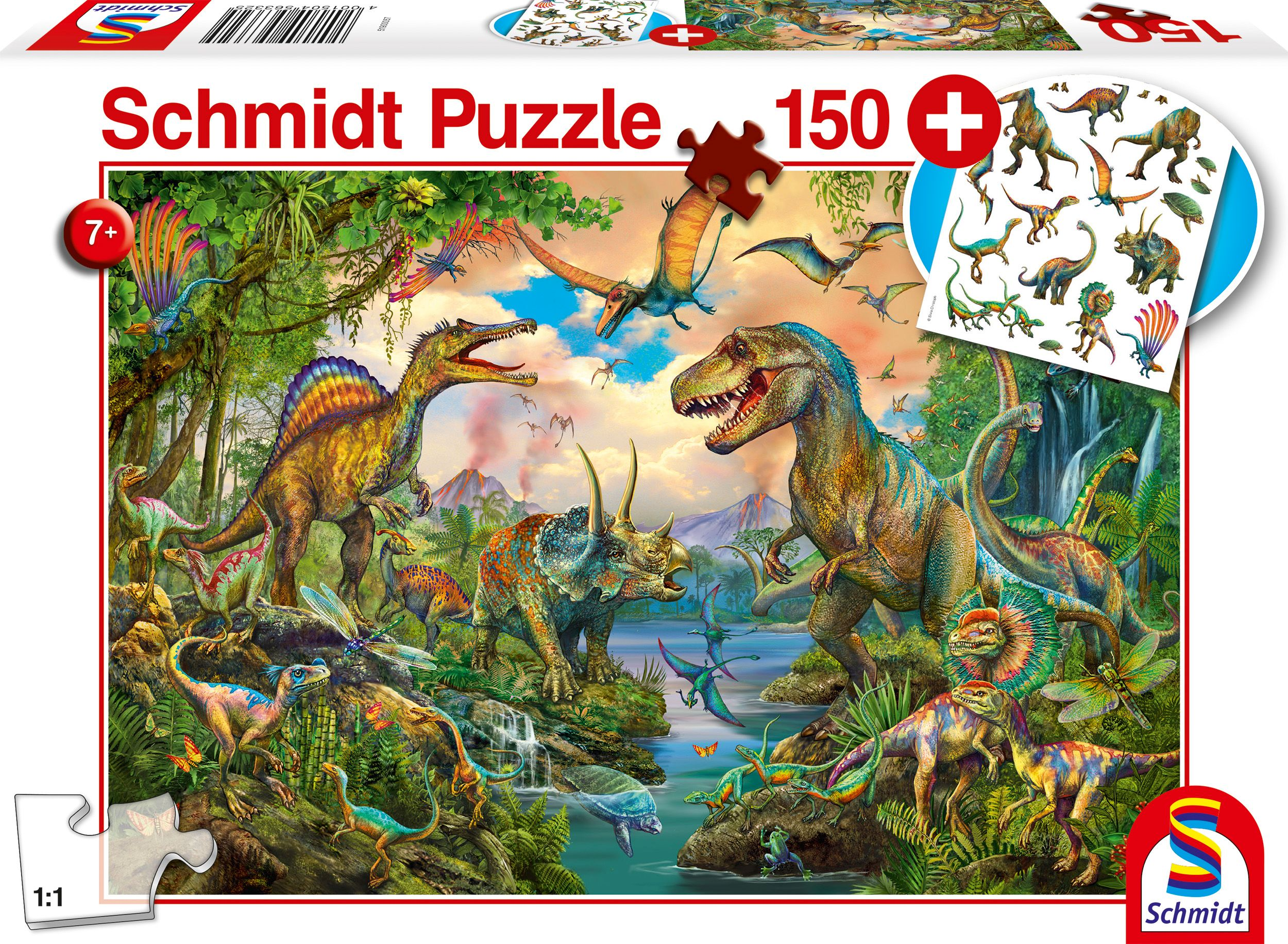 Un puzzle di dinosauri. Dinosauri di vario tipo si trovano in una giungla. Il puzzle è di 150 pezzi.