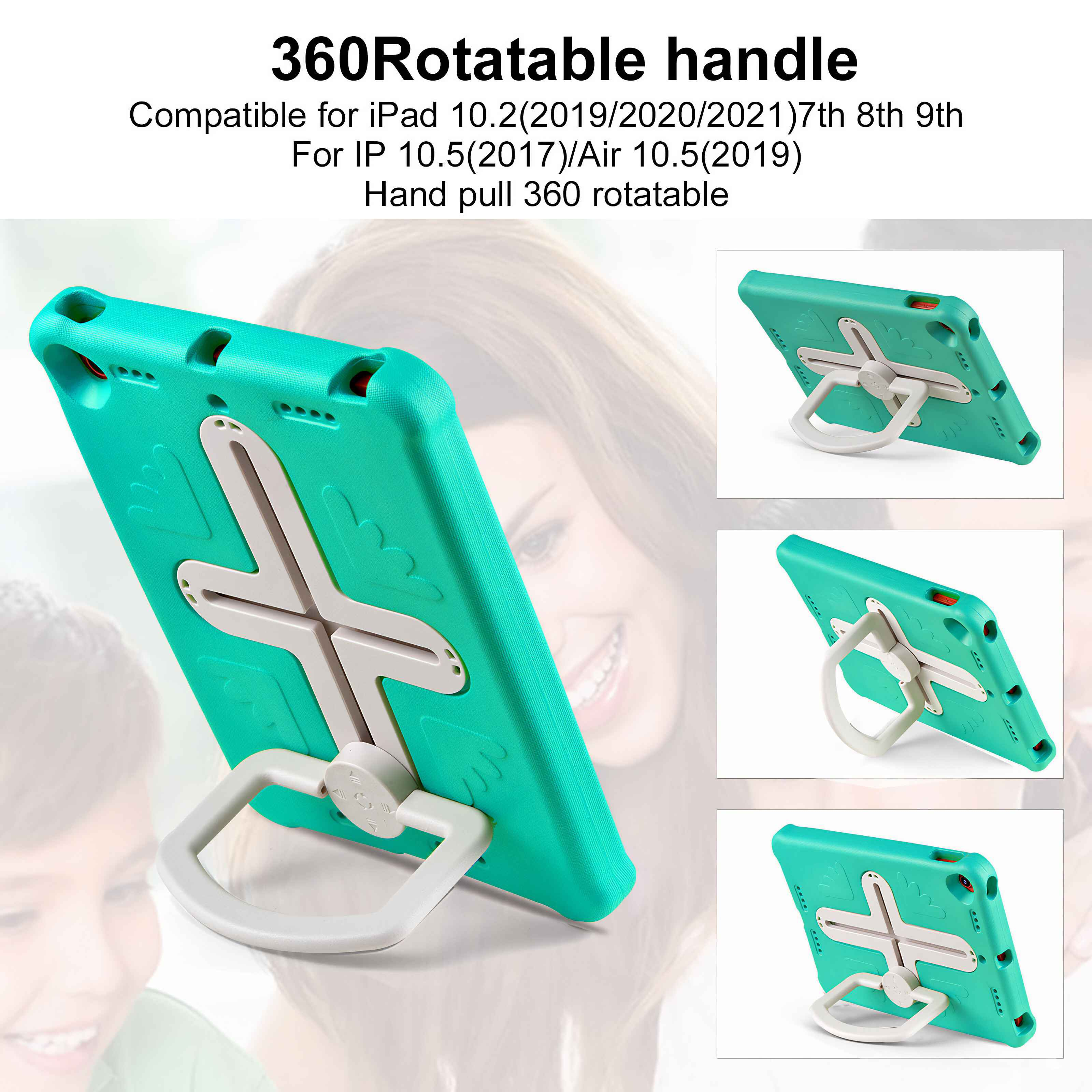 Grüne Tablethülle mit weißem Griff, 360° drehbar. Text: '360Rotatable handle'.