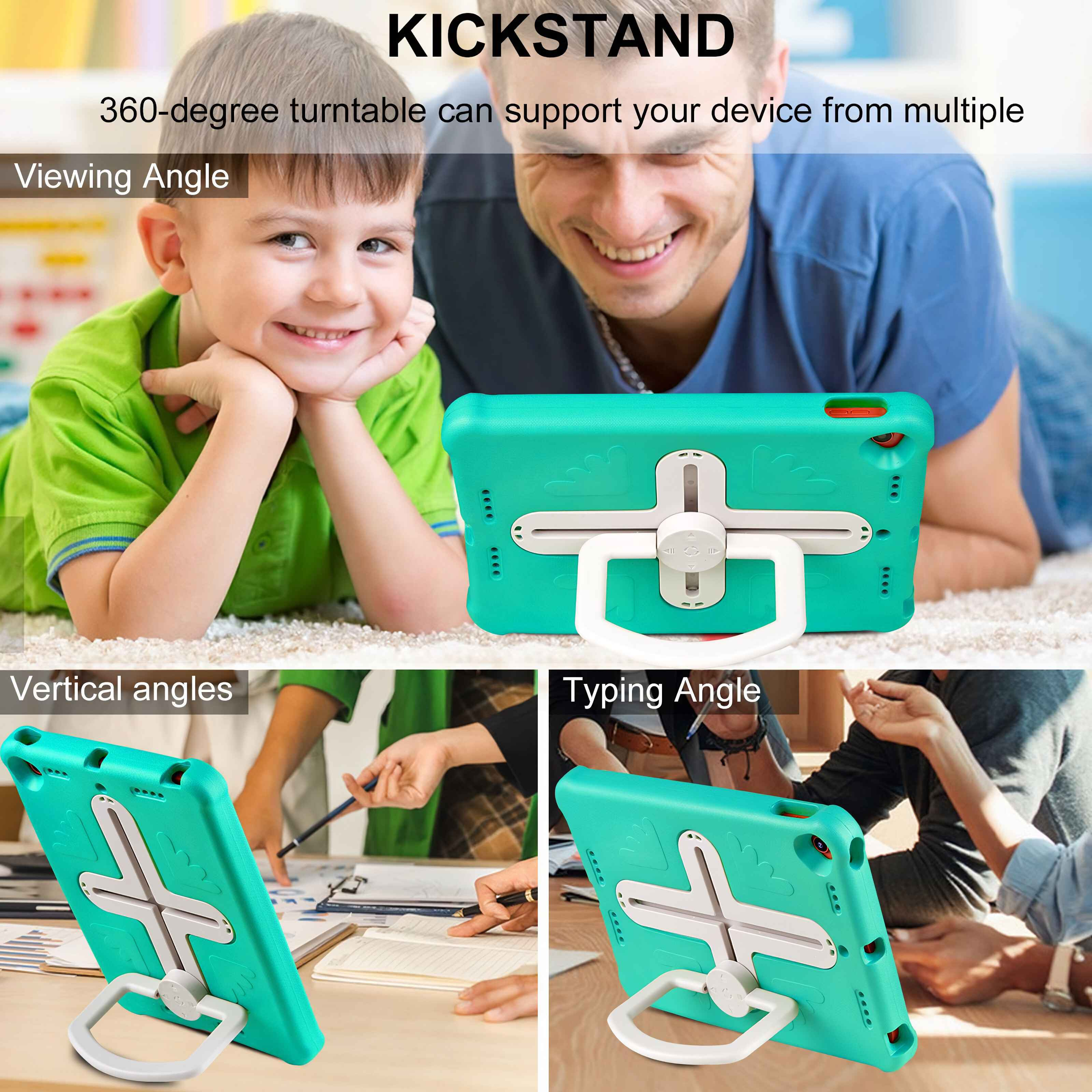 Ein Junge und ein Mann mit einer grünen Tablethülle. Die Hülle hat einen weißen Ständer. Text: Kickstand, Betrachtungswinkel, Vertikale Winkel.