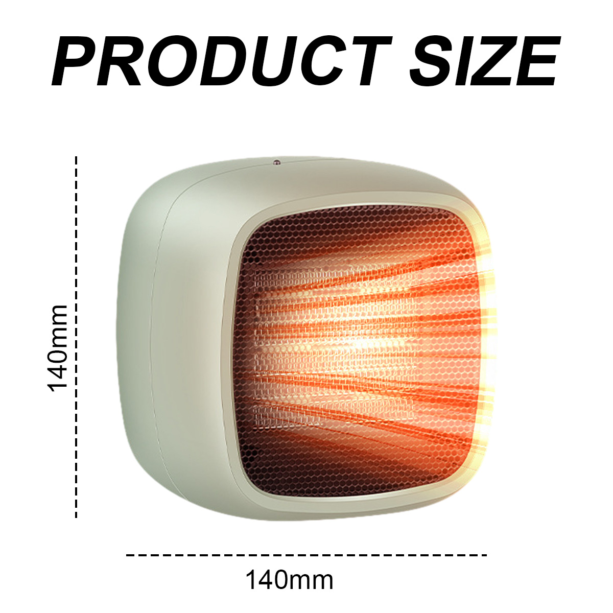 Ein beigefarbener Elektroheizer mit Wabenmuster, der orangefarbenes Licht aussendet. Text oben: 'PRODUCT SIZE'. Abmessungen: 140 mm x 140 mm.