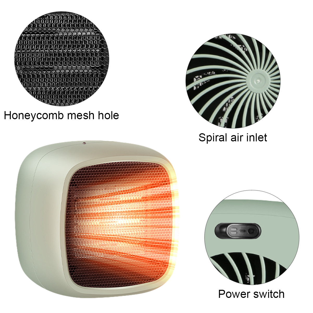 Elektrische Heizung mit Wabennetz, spiralförmigem Lufteinlass und Netzschalter. Das Netz leuchtet orange, was auf Wärme hindeutet.