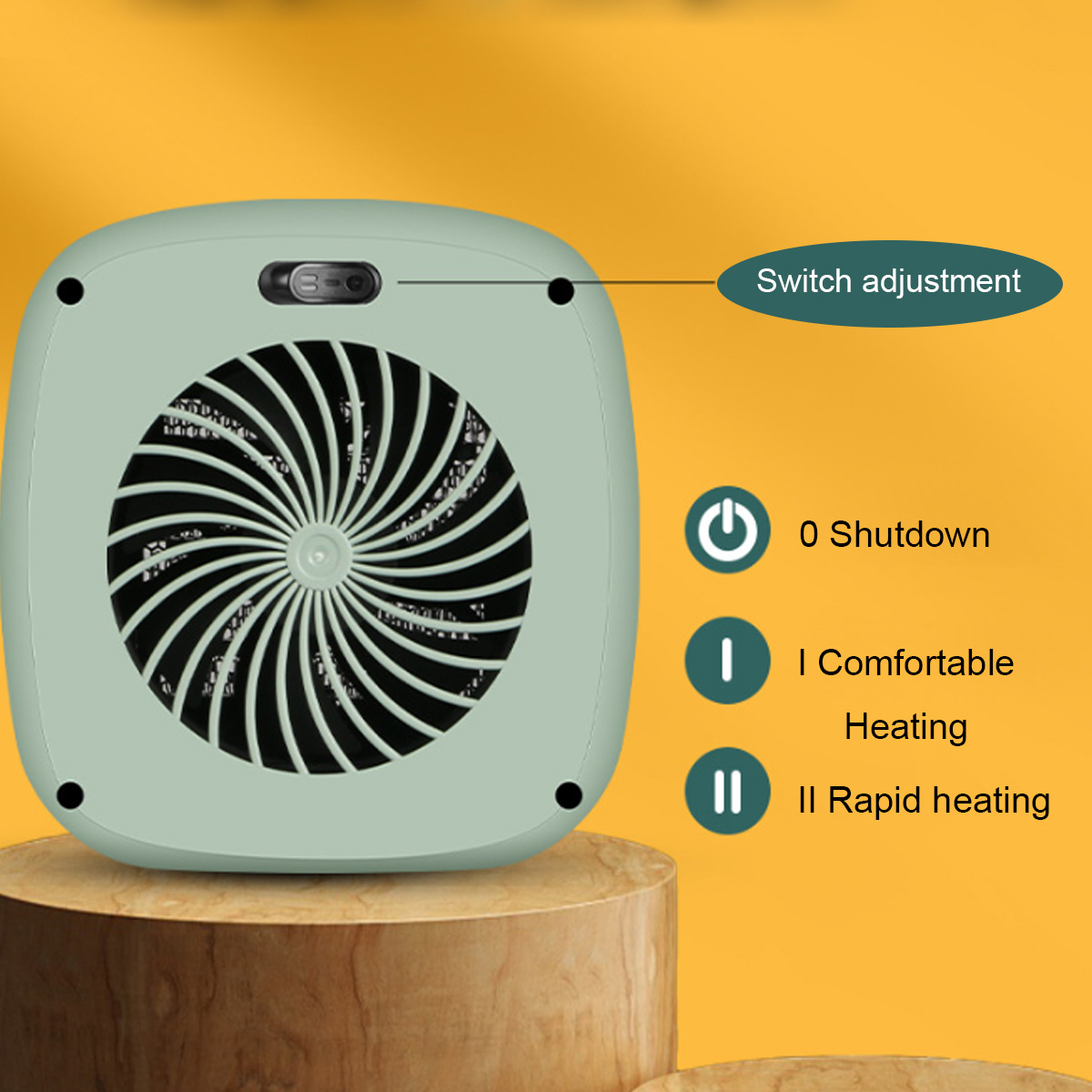Ein mintgrüner Heizlüfter mit Ventilator. Die Bedienelemente zeigen Aus, Komfort- und Schnellheizung. Er steht auf einem Holzsockel.
