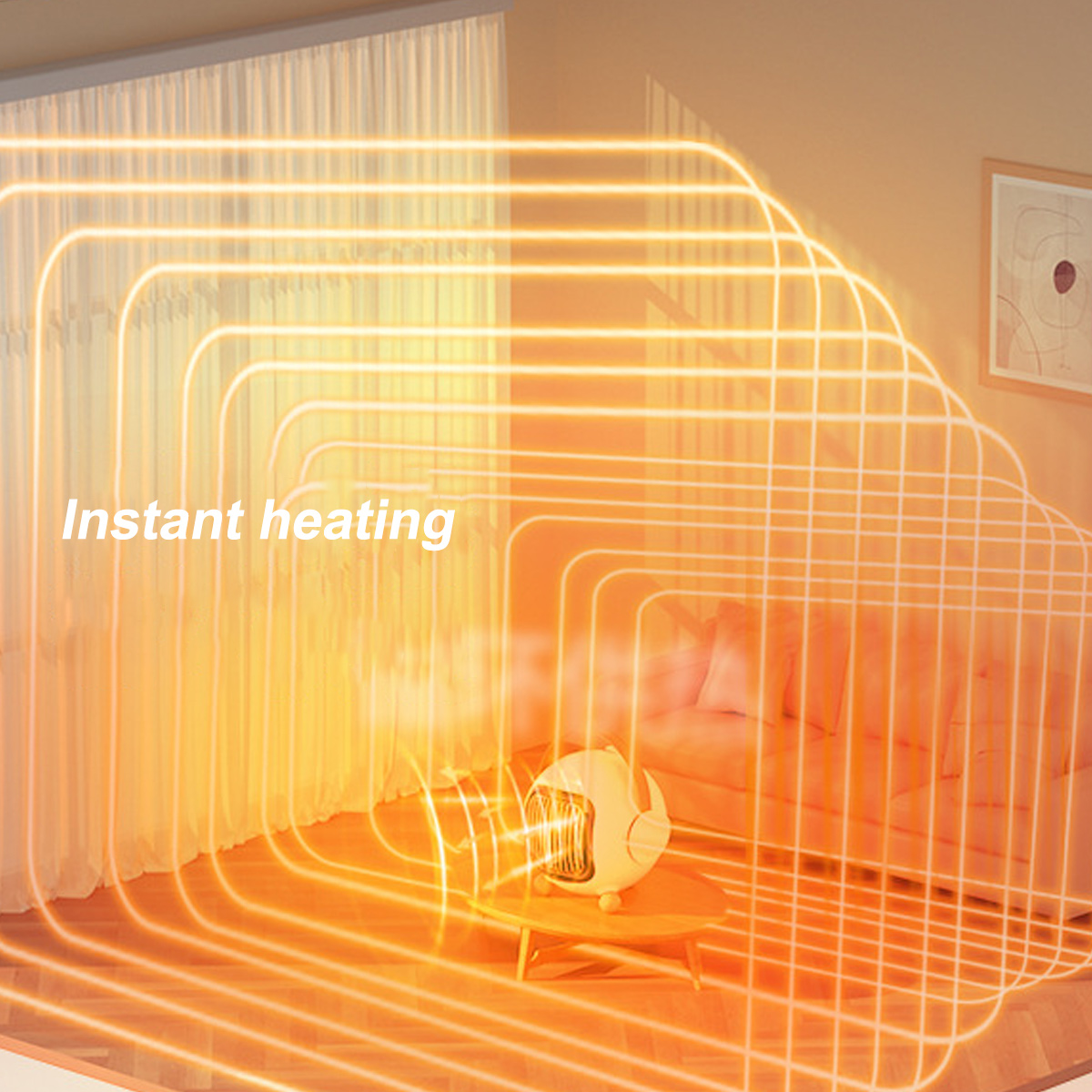 Ein weißer Heizlüfter auf einem Tisch mit orangen Hitzewellen. Die Worte 'Instant heating' sind sichtbar.