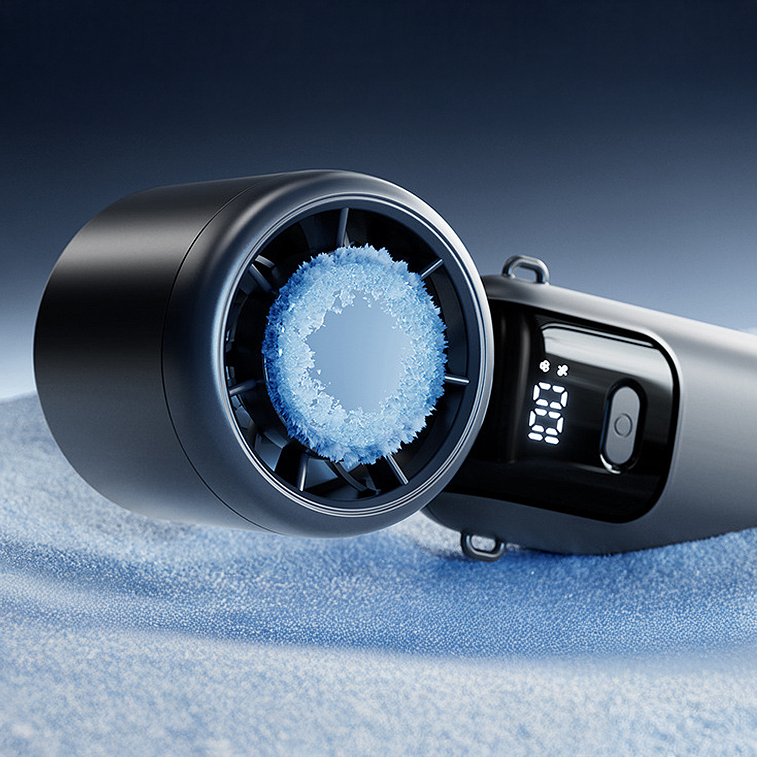 Primer plano de un dispositivo negro con una sustancia azul parecida al hielo. Se ve una pantalla digital con números.