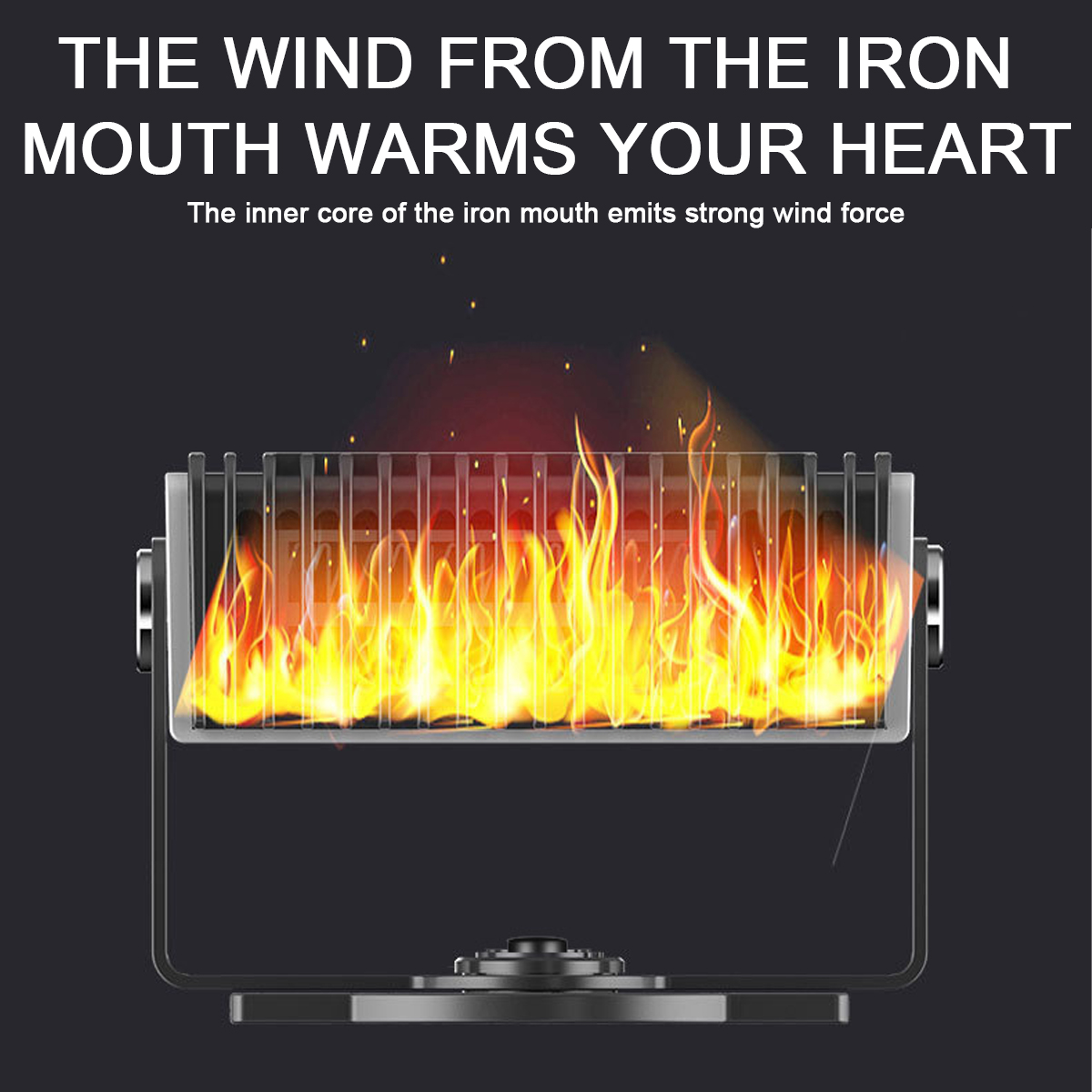 Illustration eines Heizgeräts mit Flammen im Inneren. Der Text lautet: Der Wind aus dem Eisenmund wärmt Ihr Herz.