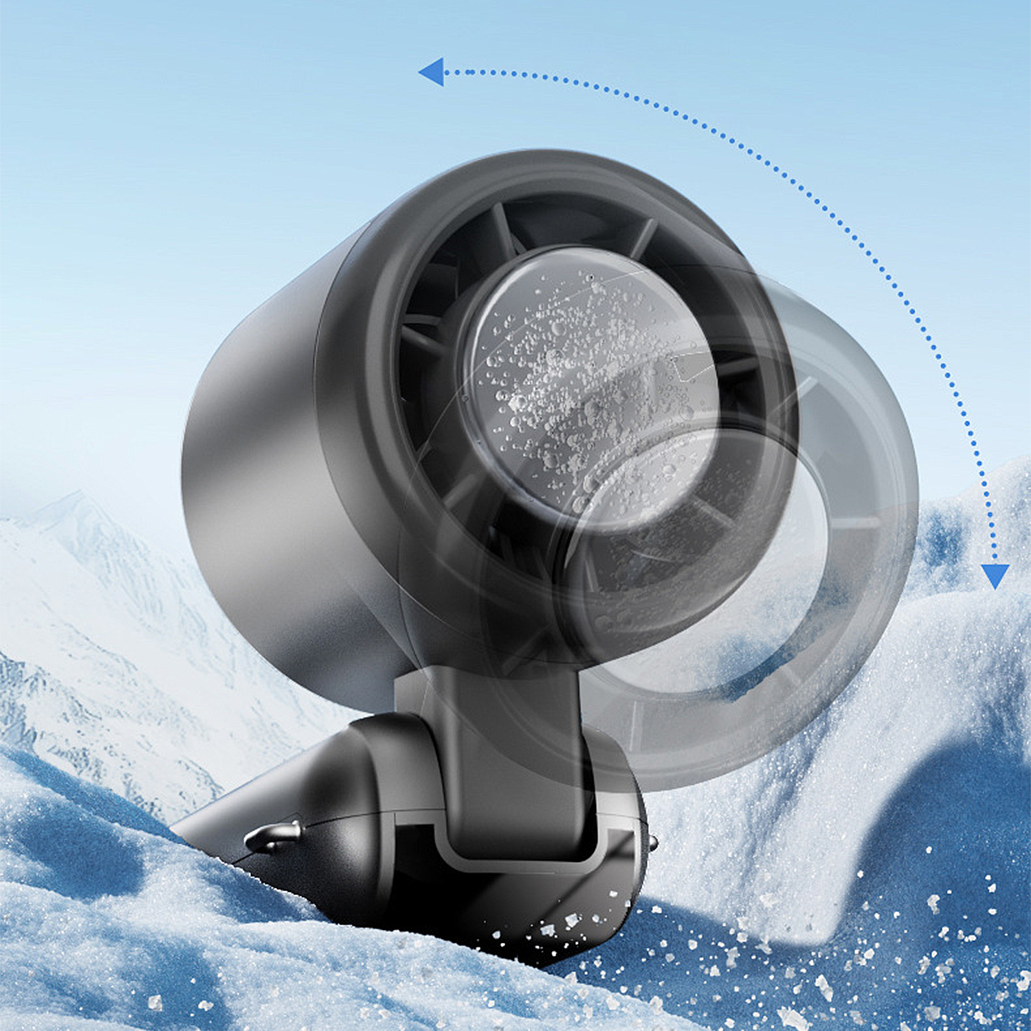 Un dispositivo negro se muestra en la nieve. Tiene un ventilador circular y está inclinado. Un arco punteado azul muestra la rotación.