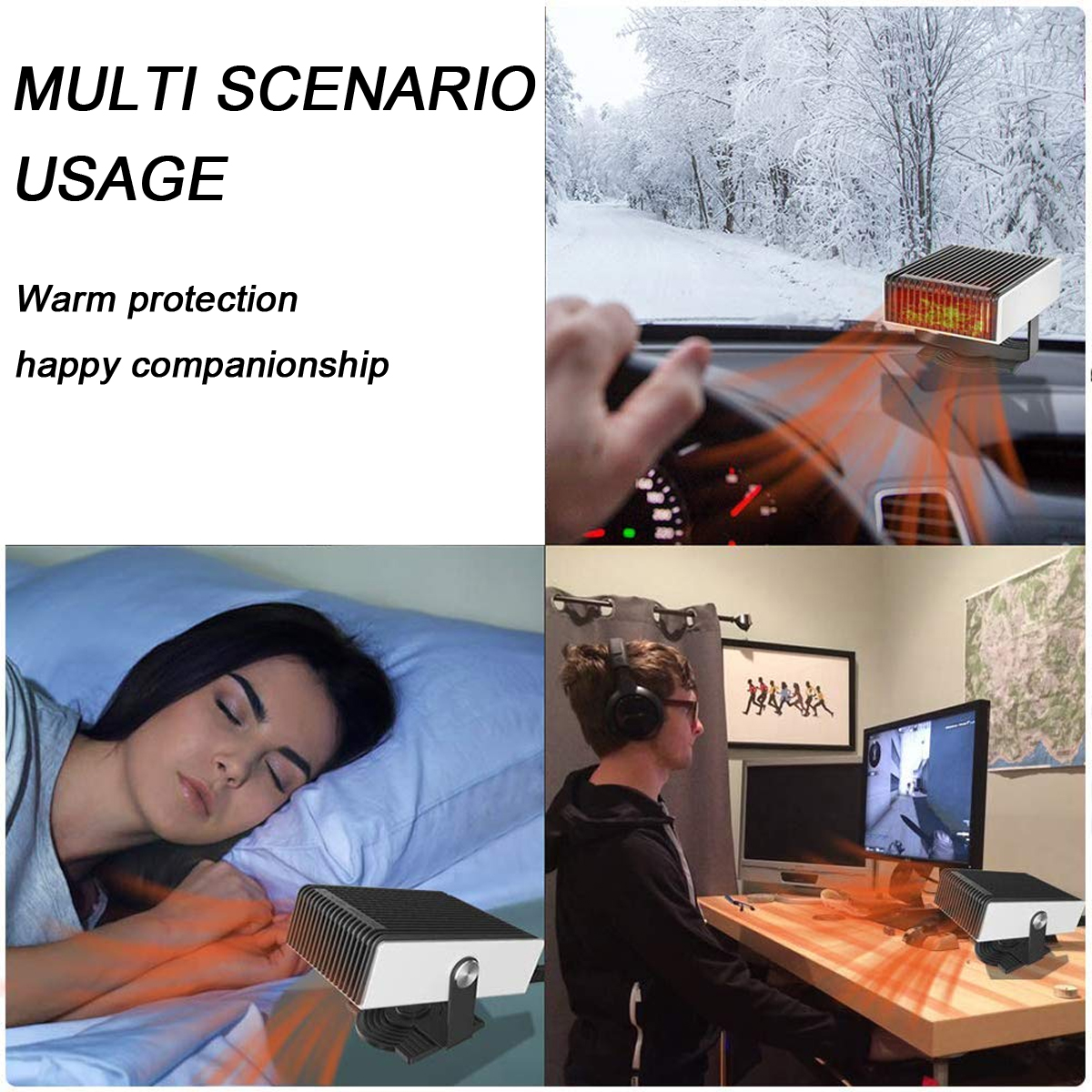 Ein Heizgerät wird in verschiedenen Szenarien gezeigt: Auto, Schlafzimmer und Gaming-Setup. Es spendet Wärme. Text: MEHRFACH-SZENARIEN-NUTZUNG.