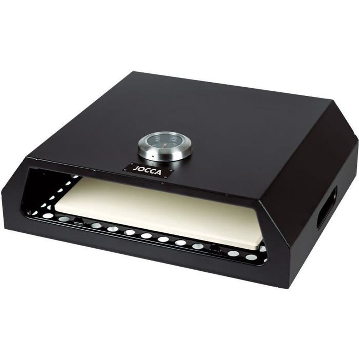 Ein schwarzer Jocca-Pizzaofen mit Thermometer oben. Er hat einen weißen Keramikstein im Inneren mit Luftlöchern vorn.