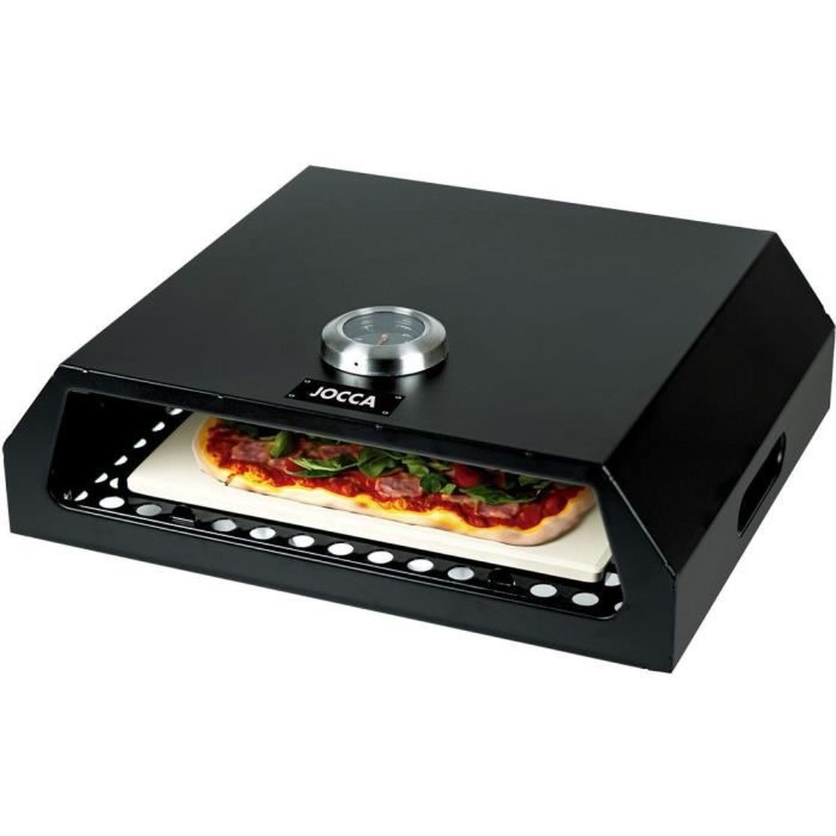Ein schwarzer Pizzaofen mit einer Pizza darin. Er hat ein Thermometer oben und den Markennamen JOCCA.