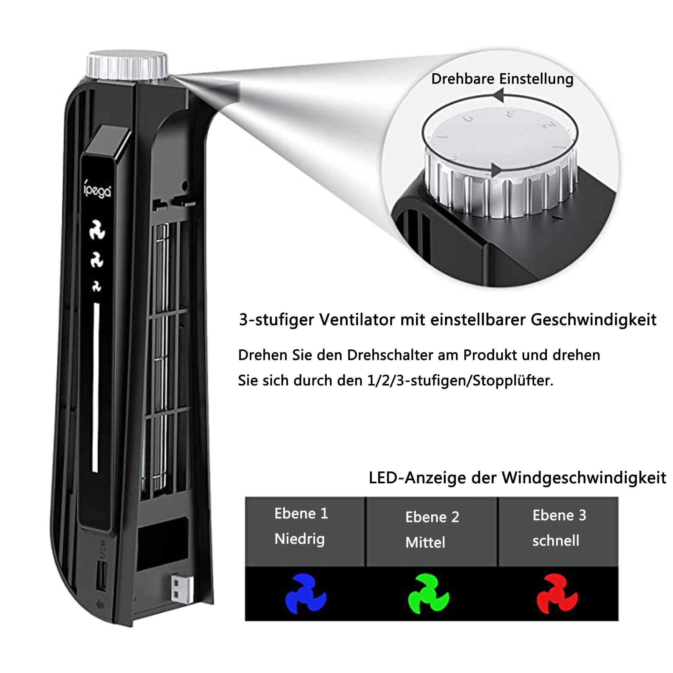 Schwarzer Ventilator mit weißem Drehregler, Geschwindigkeitseinstellungen. LED-Anzeigen zeigen blaue, grüne und rote Lüftersymbole.