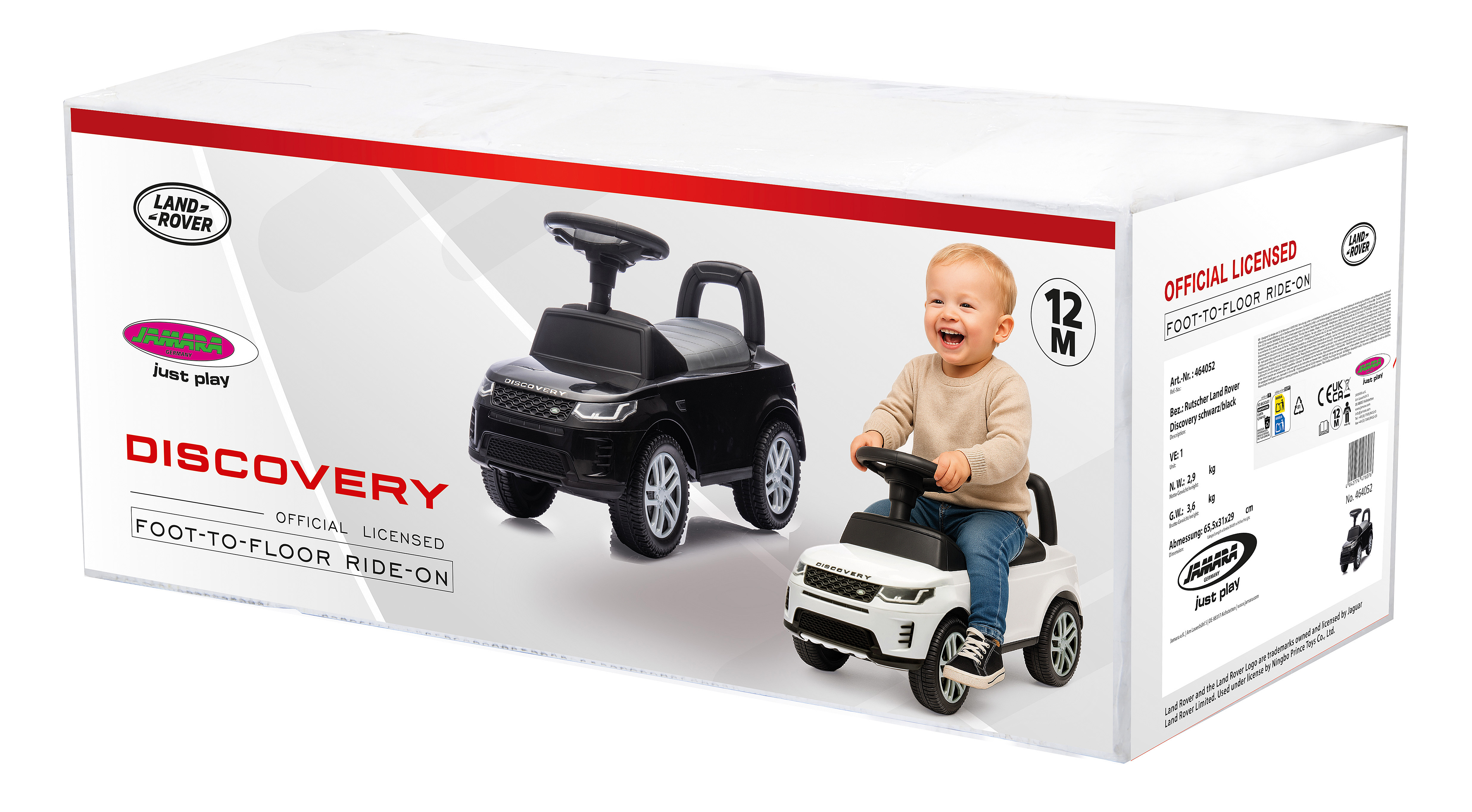 Scatola con auto giocattolo Land Rover, un bambino è seduto sopra. Il testo include 'Discovery' e 'Official Licensed'.